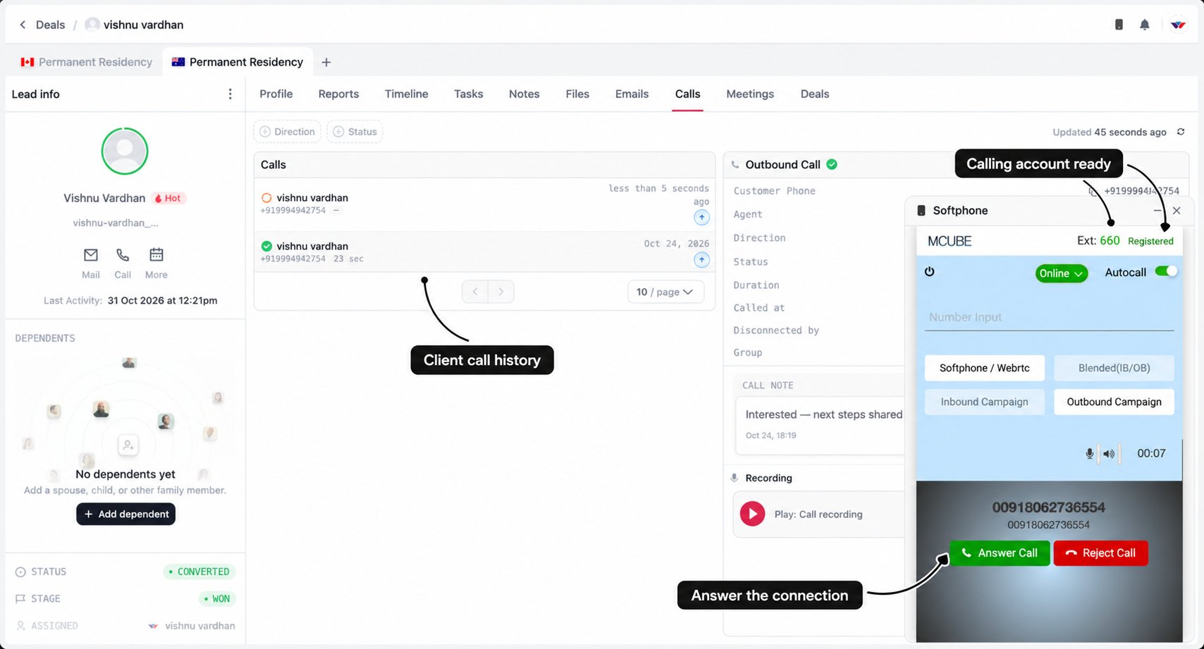 Softphone connection with labels for calling-account readiness, Answer Call, and the client's call history