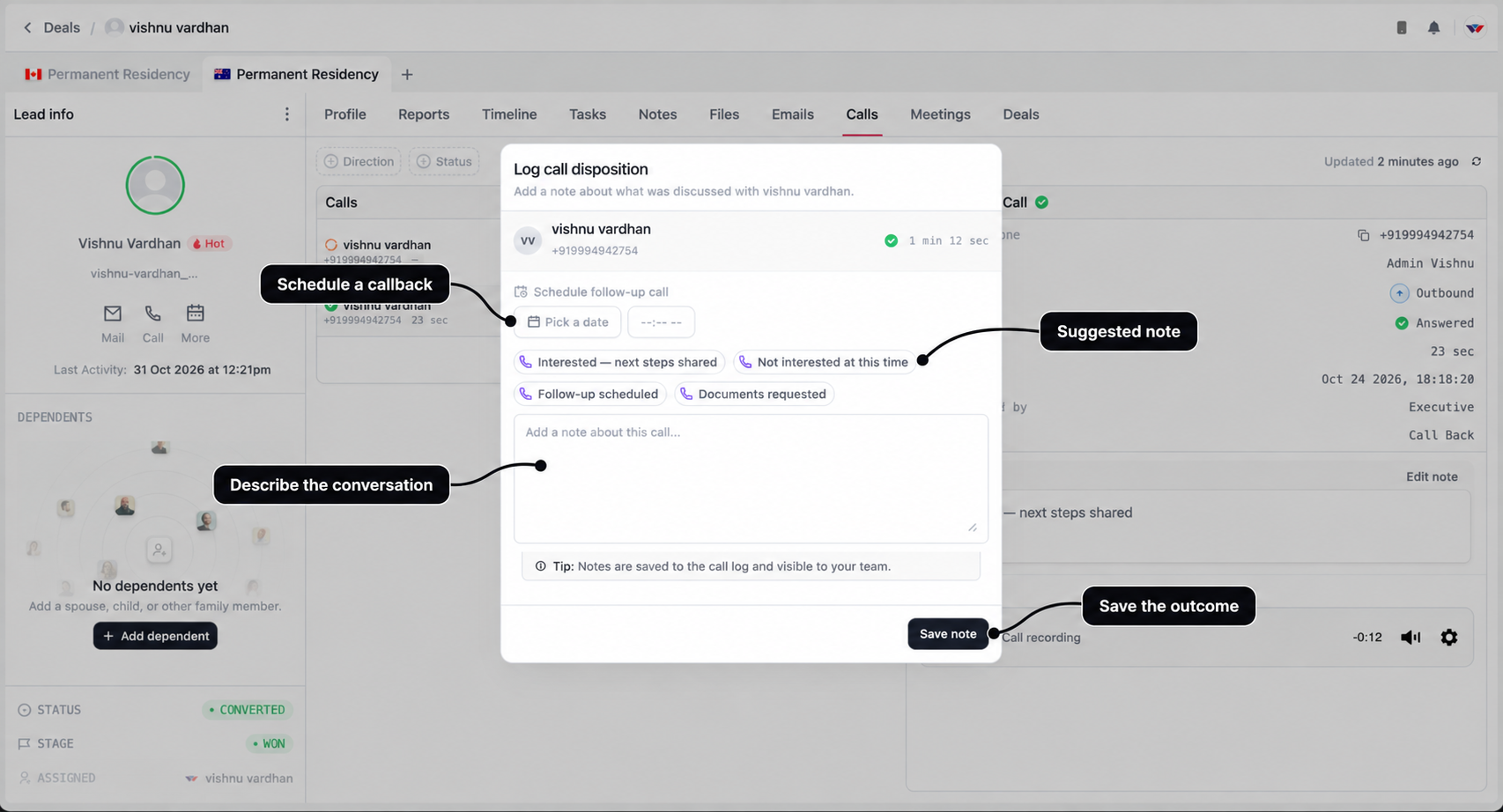 Log call disposition modal with labels for callback scheduling, suggested notes, conversation details, and Save note