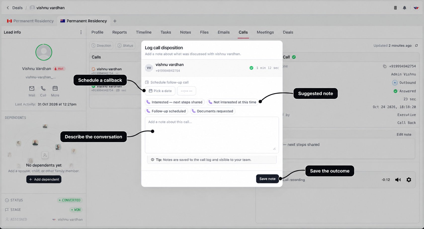 Log call disposition modal with labels for callback scheduling, suggested notes, conversation details, and Save note