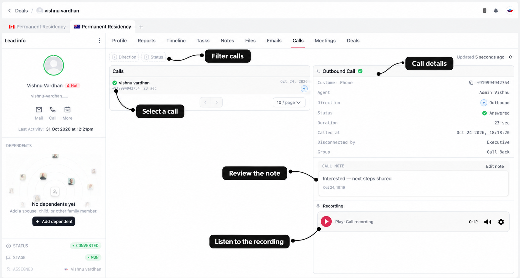 Calls history with labels for direction and status filters, call selection, details, the call note, and recording playback