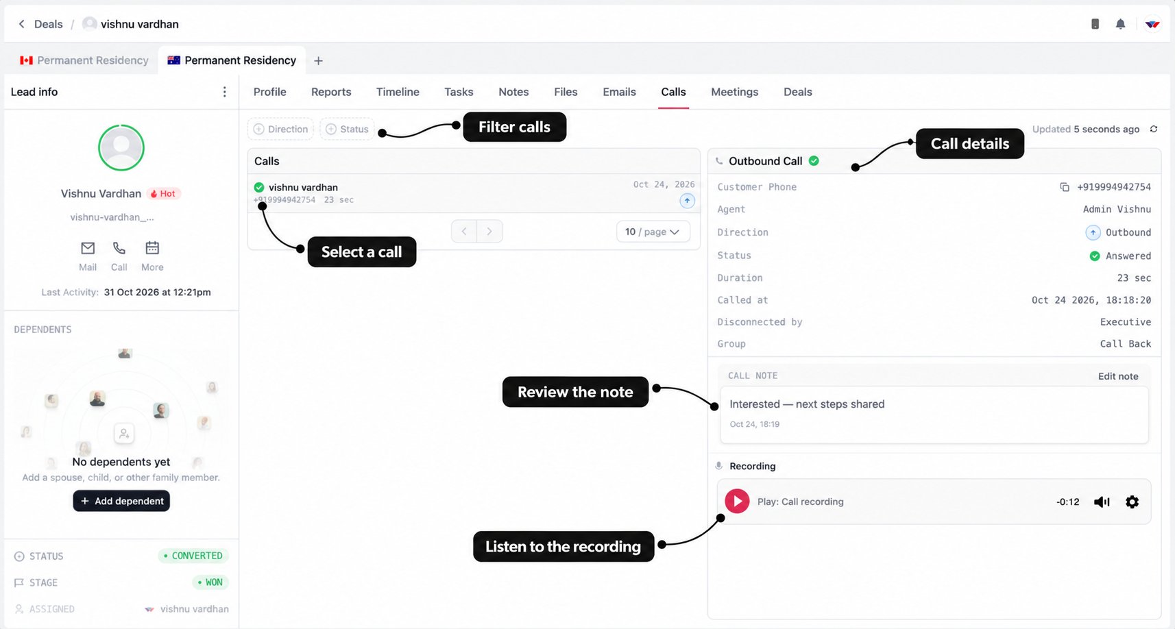 Calls history with labels for direction and status filters, call selection, details, the call note, and recording playback