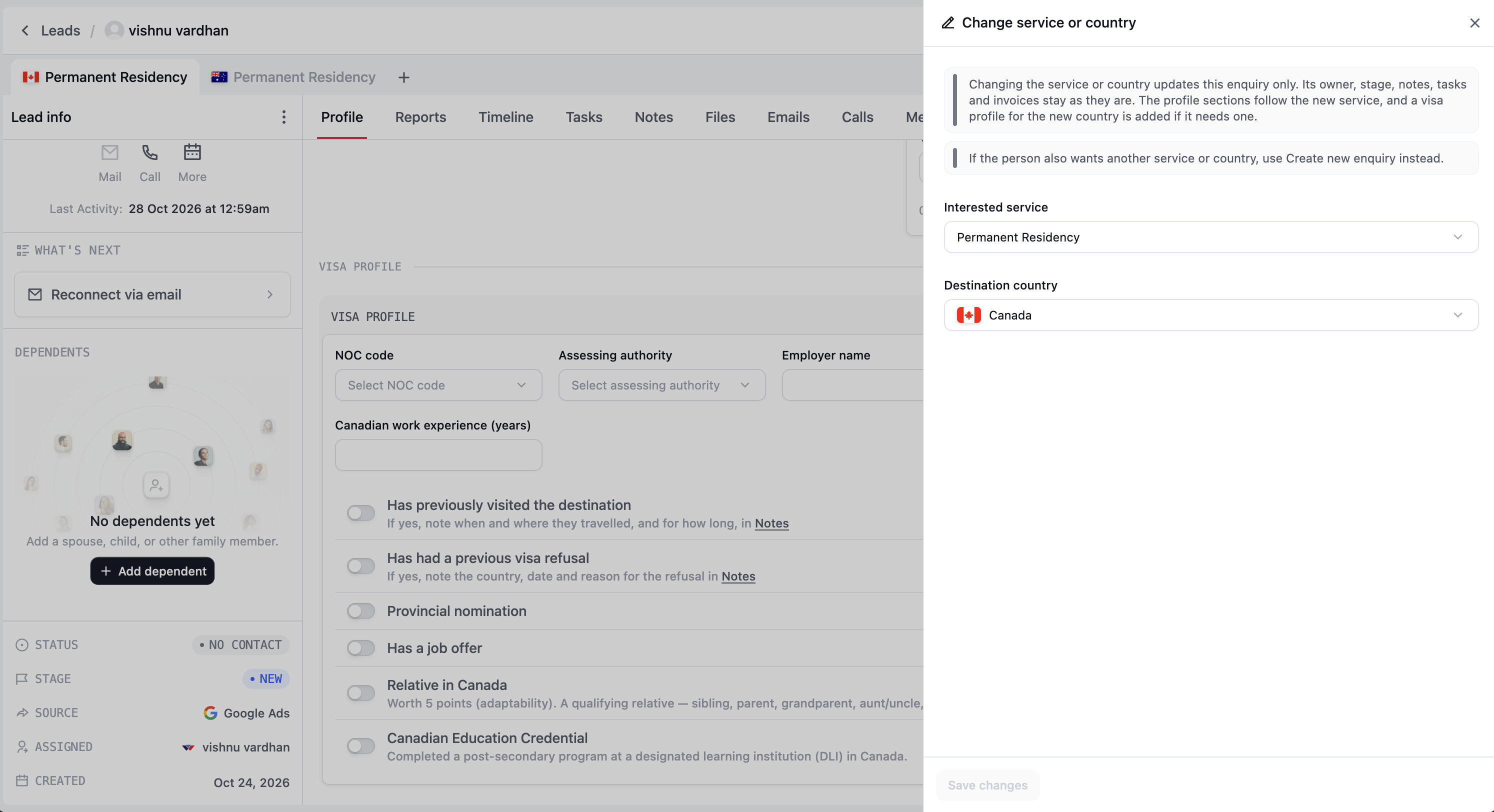 Change service or country drawer with the current service and destination selected and guidance about the scope of the change