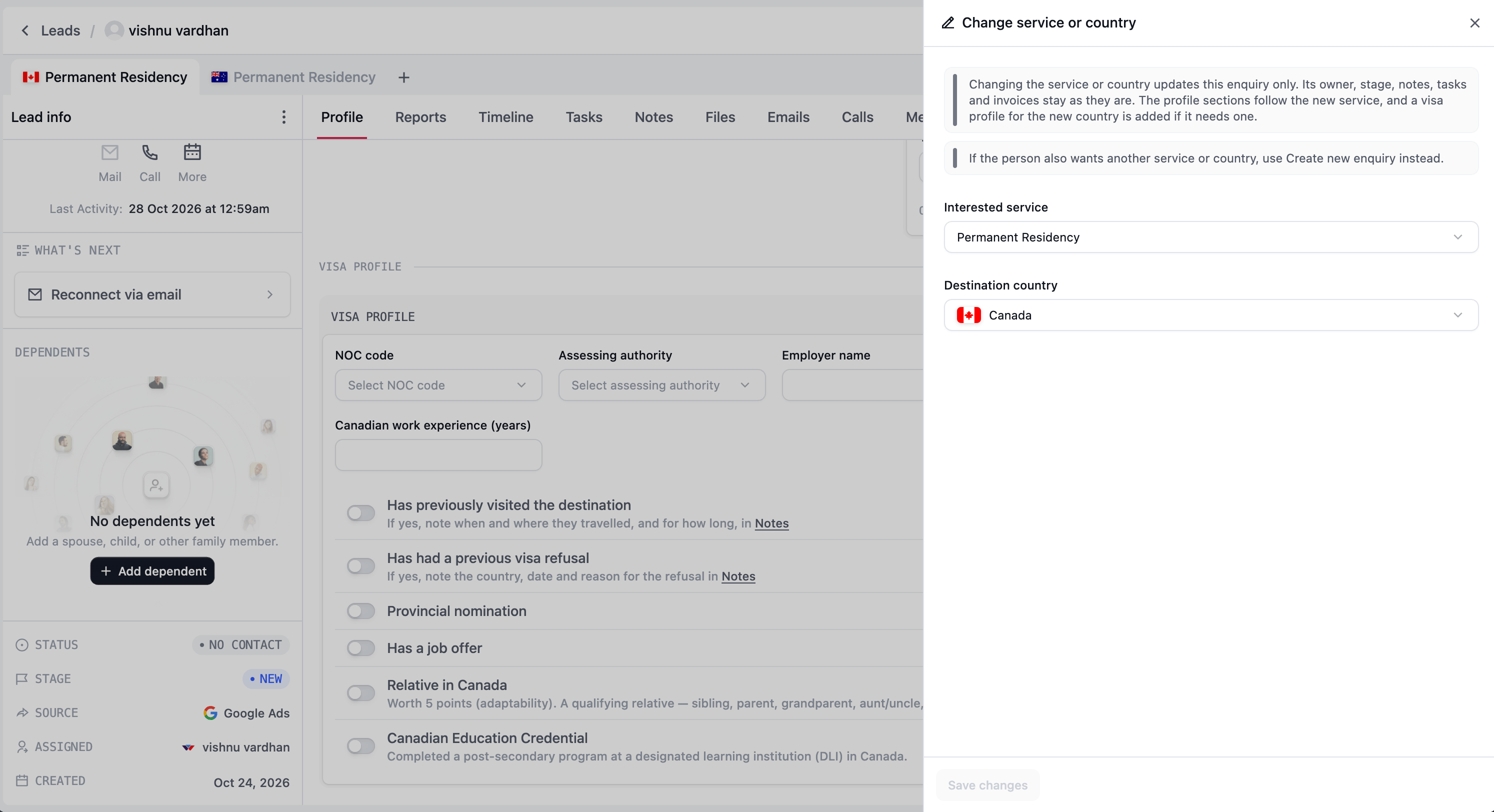 Change service or country drawer with the current service and destination selected and guidance about the scope of the change