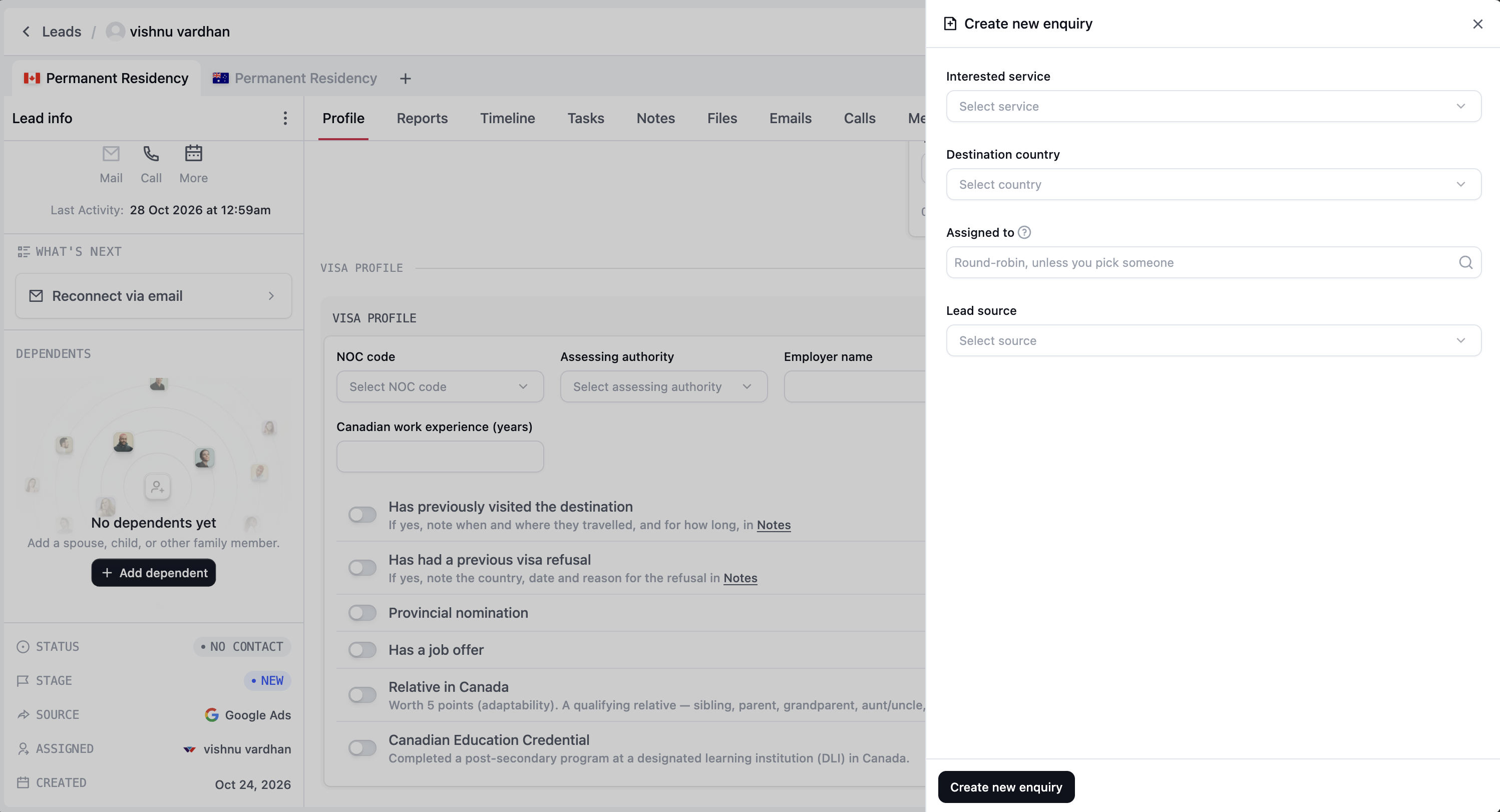 Create new enquiry drawer with service, destination country, owner, and lead source fields