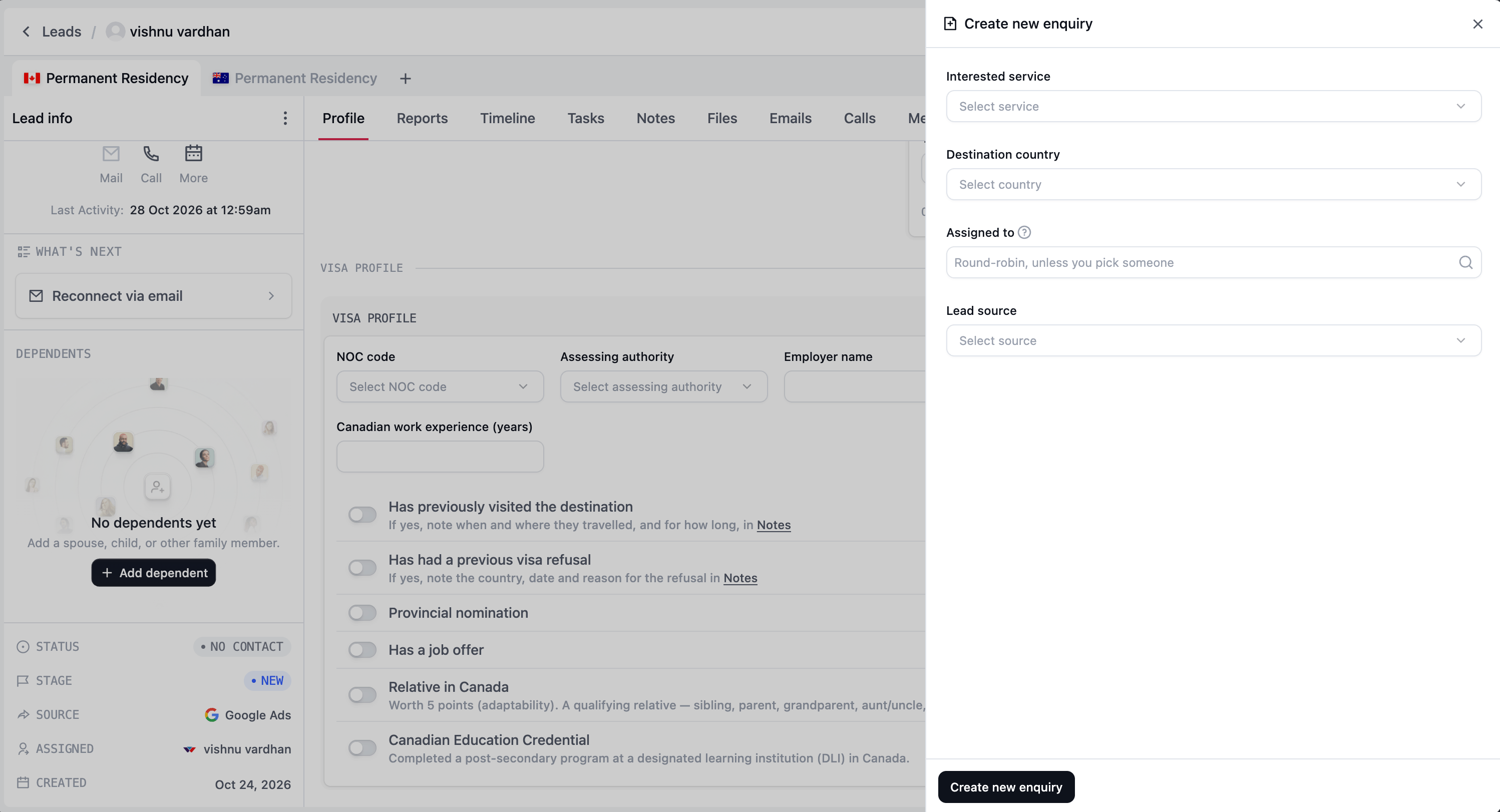 Create new enquiry drawer with service, destination country, owner, and lead source fields