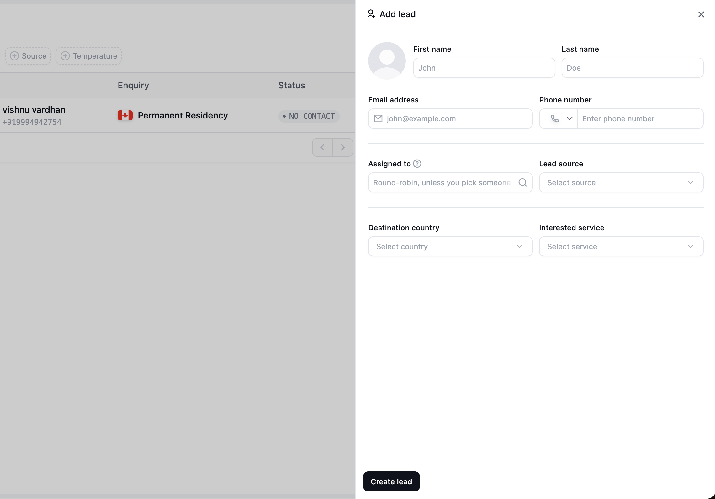 Add lead panel showing name, email, phone, assignment, source, destination country, interested service, and the Create lead button