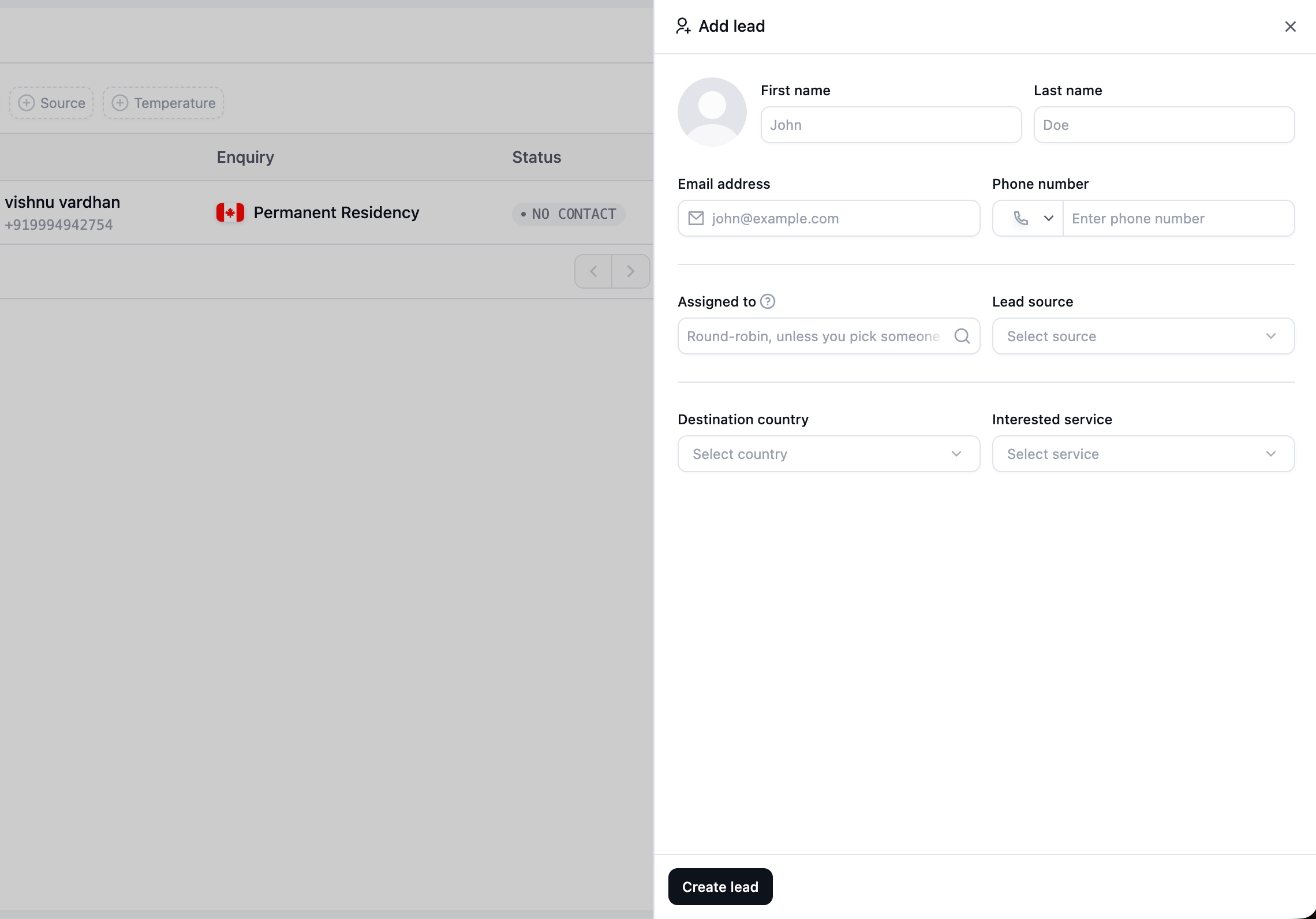 Add lead panel showing name, email, phone, assignment, source, destination country, interested service, and the Create lead button