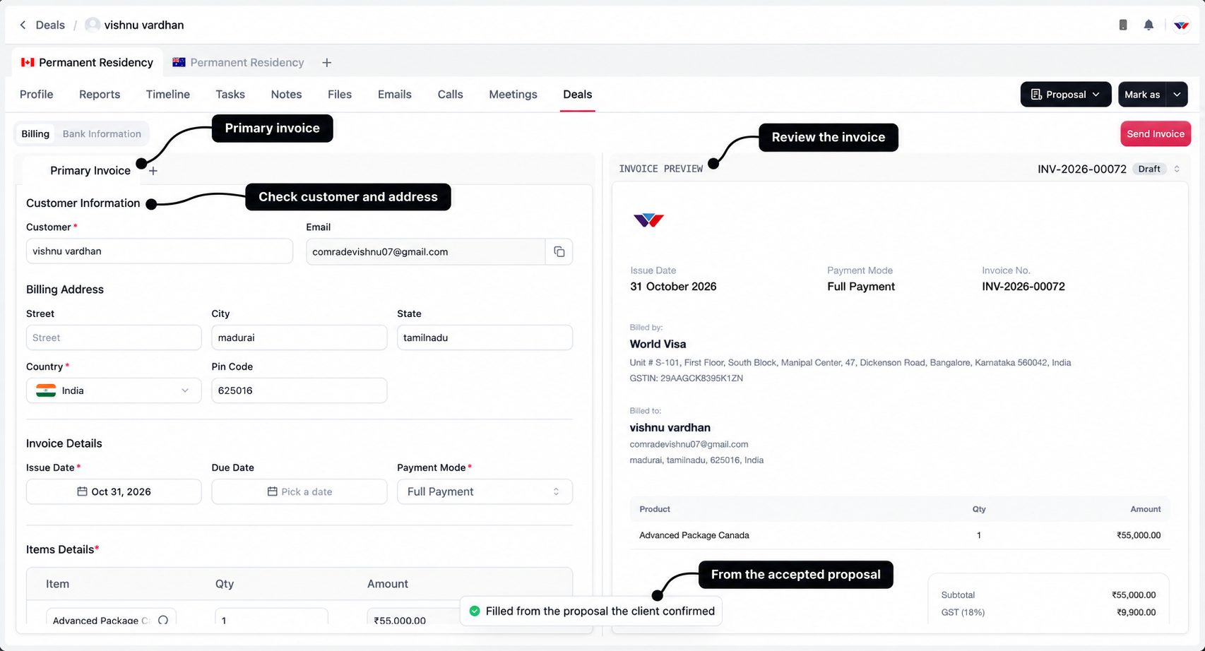 Primary invoice builder with labels for customer details, accepted-proposal prefill, the primary tab, and invoice preview