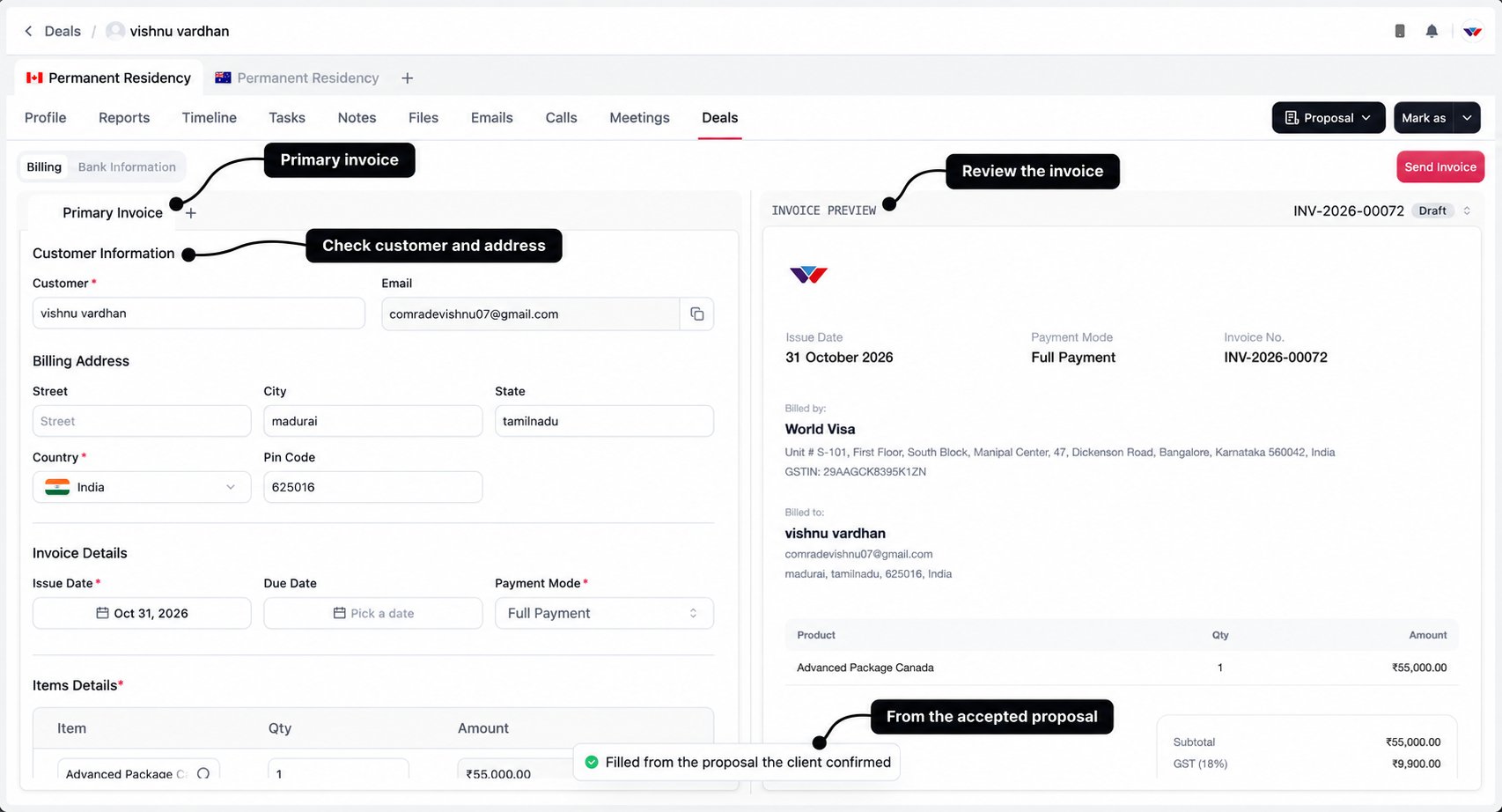 Primary invoice builder with labels for customer details, accepted-proposal prefill, the primary tab, and invoice preview