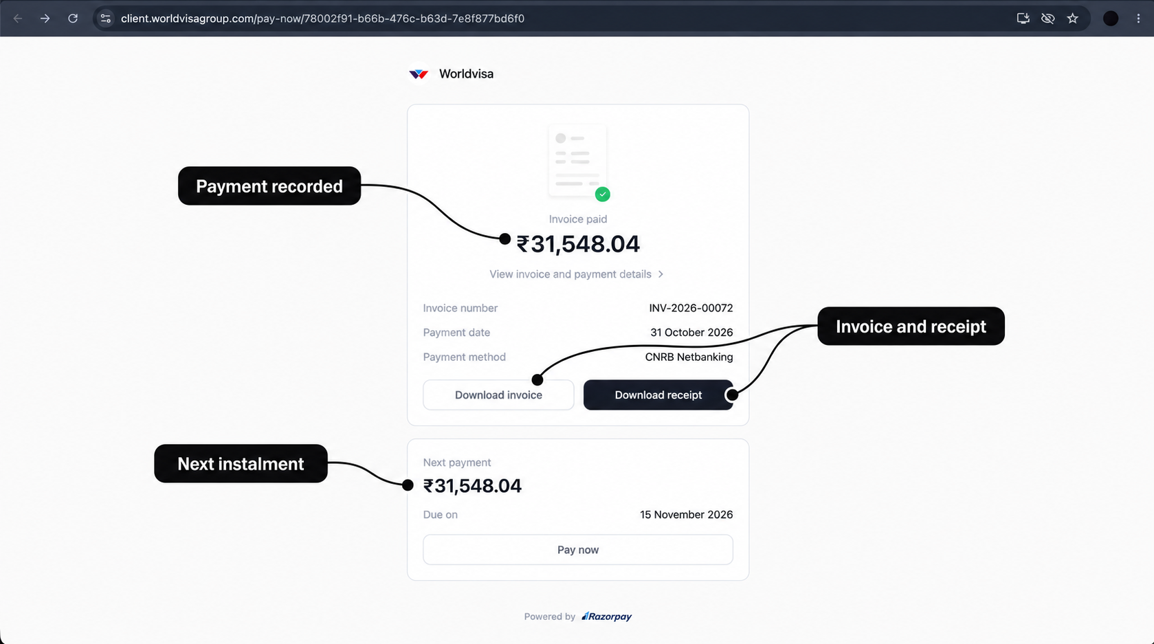 Client payment confirmation with labels for the recorded payment, invoice and receipt downloads, and next instalment