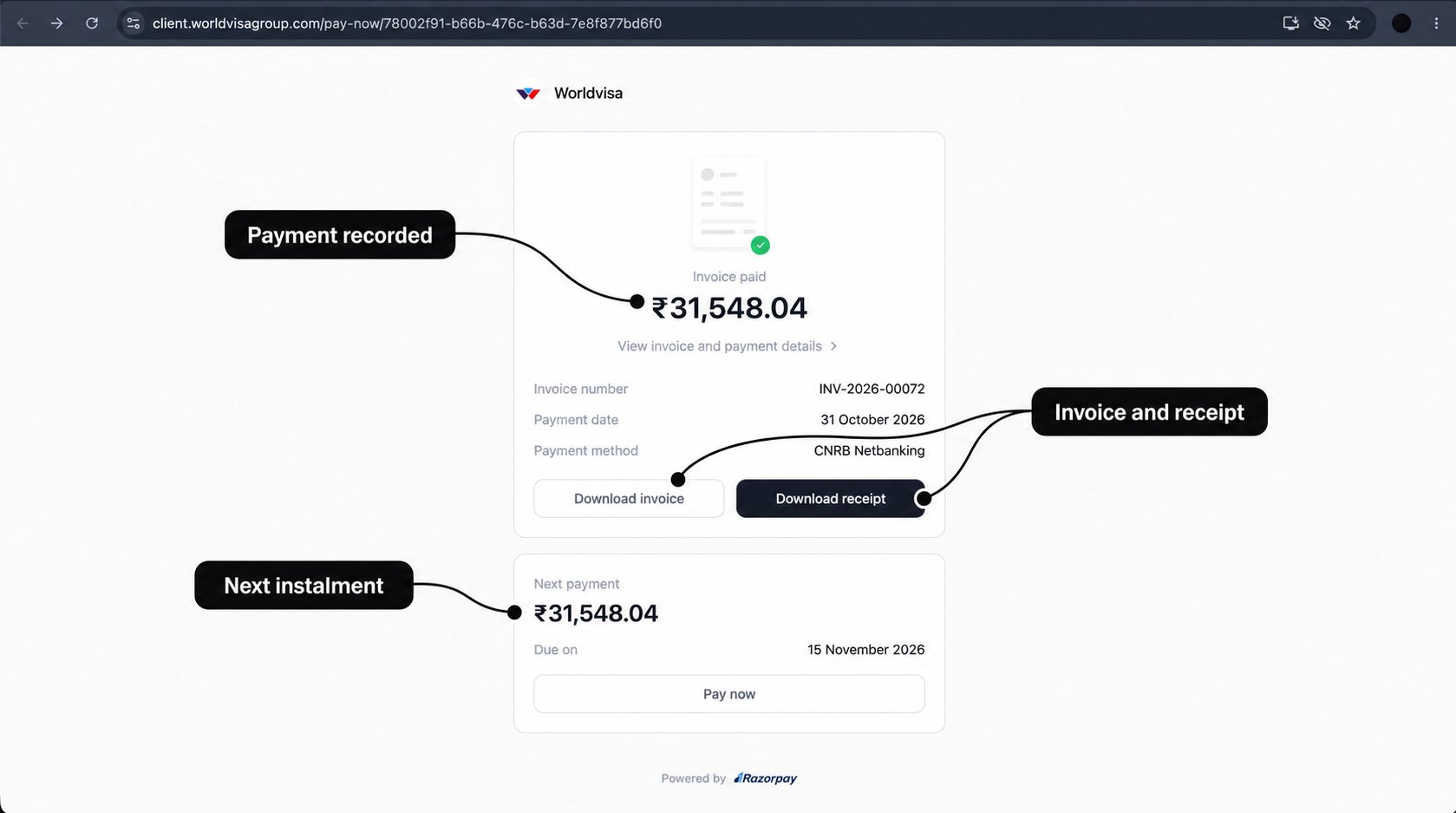 Client payment confirmation with labels for the recorded payment, invoice and receipt downloads, and next instalment