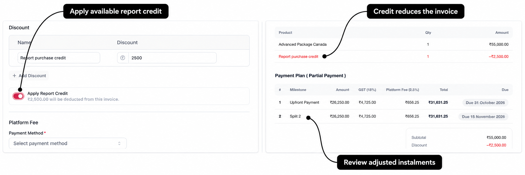 Report credit with labels for the toggle, discount in the preview, and adjusted instalments