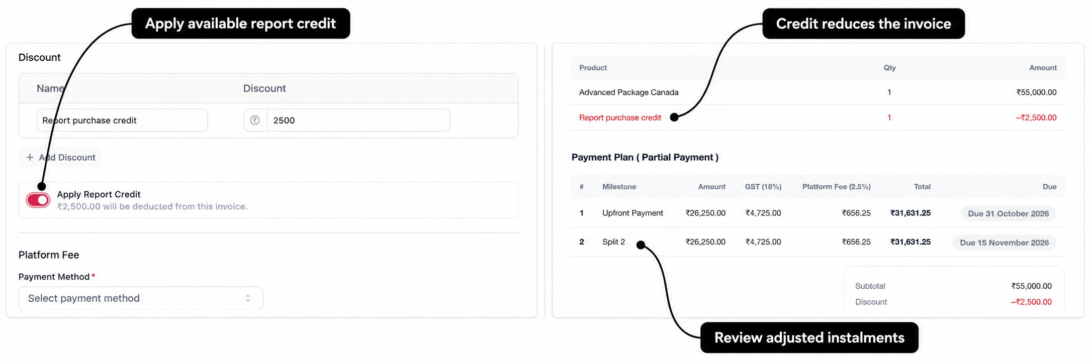 Report credit with labels for the toggle, discount in the preview, and adjusted instalments