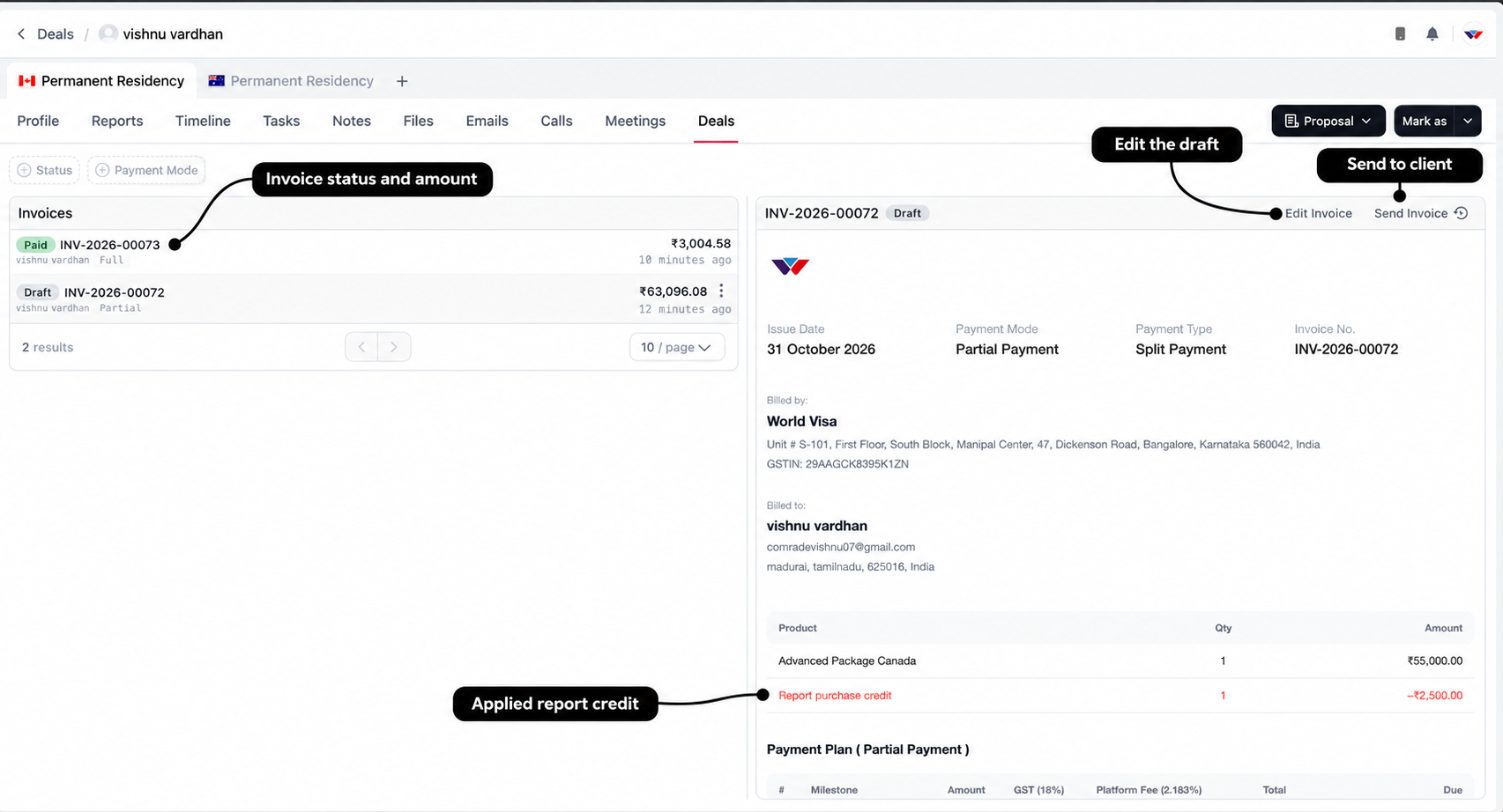 Invoice list with labels for status and amount, Edit Invoice, Send Invoice, and applied report credit