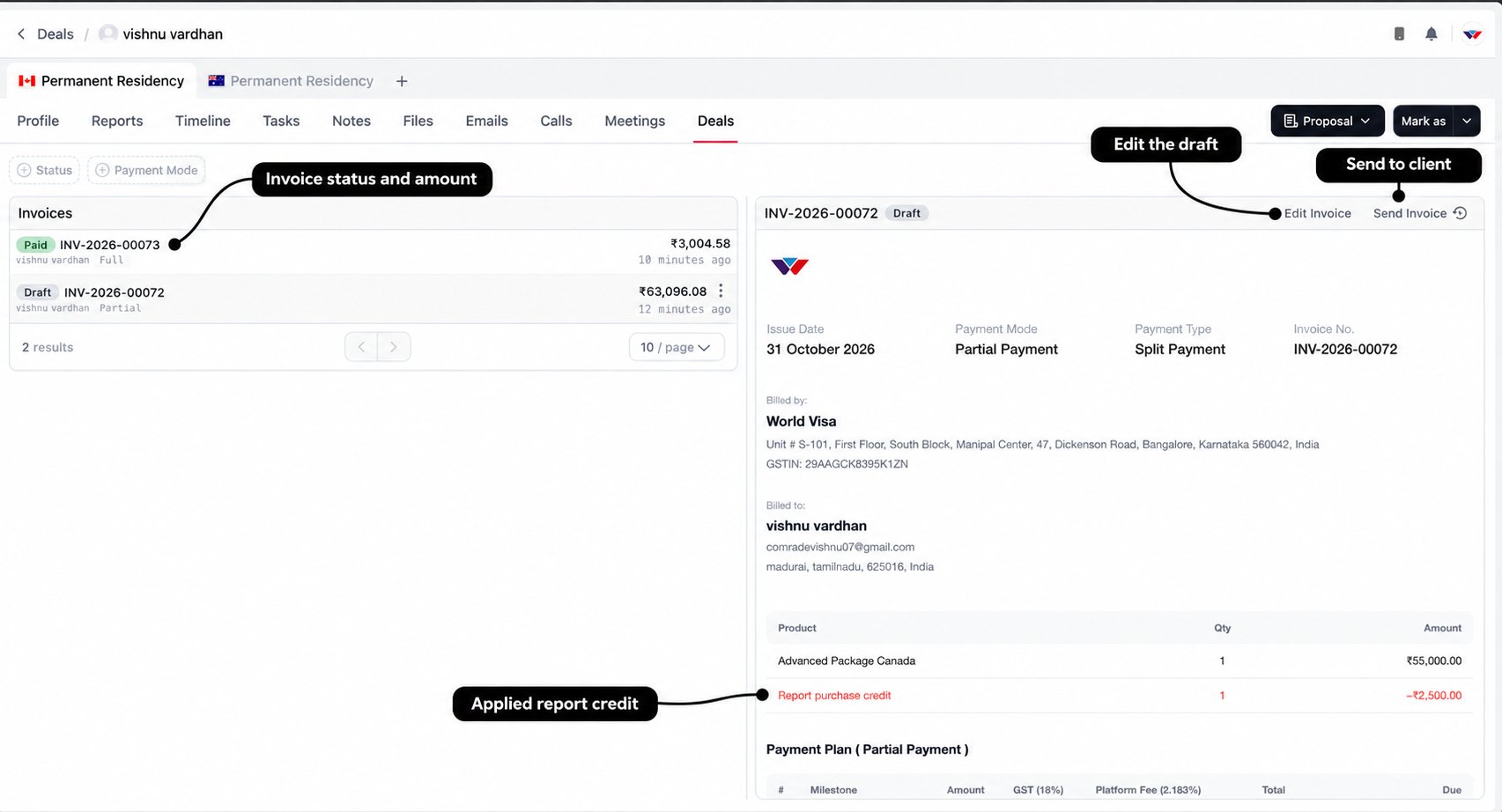 Invoice list with labels for status and amount, Edit Invoice, Send Invoice, and applied report credit