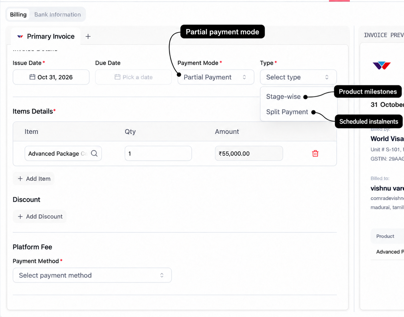 Partial payment type selector with labels identifying product milestones and scheduled instalments