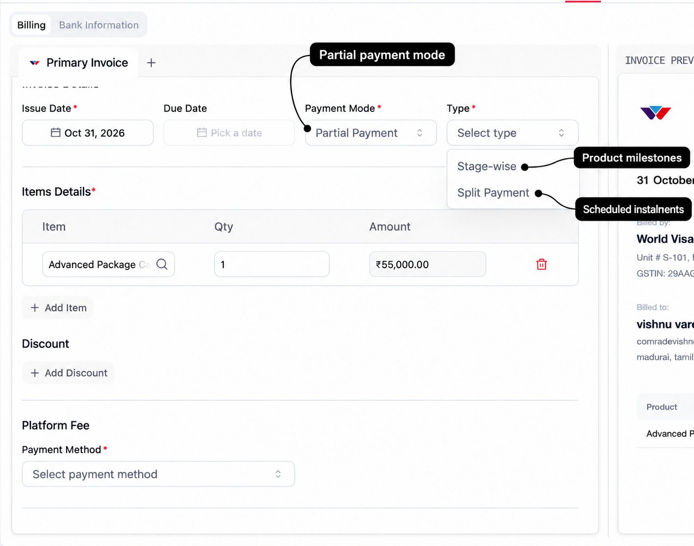 Partial payment type selector with labels identifying product milestones and scheduled instalments