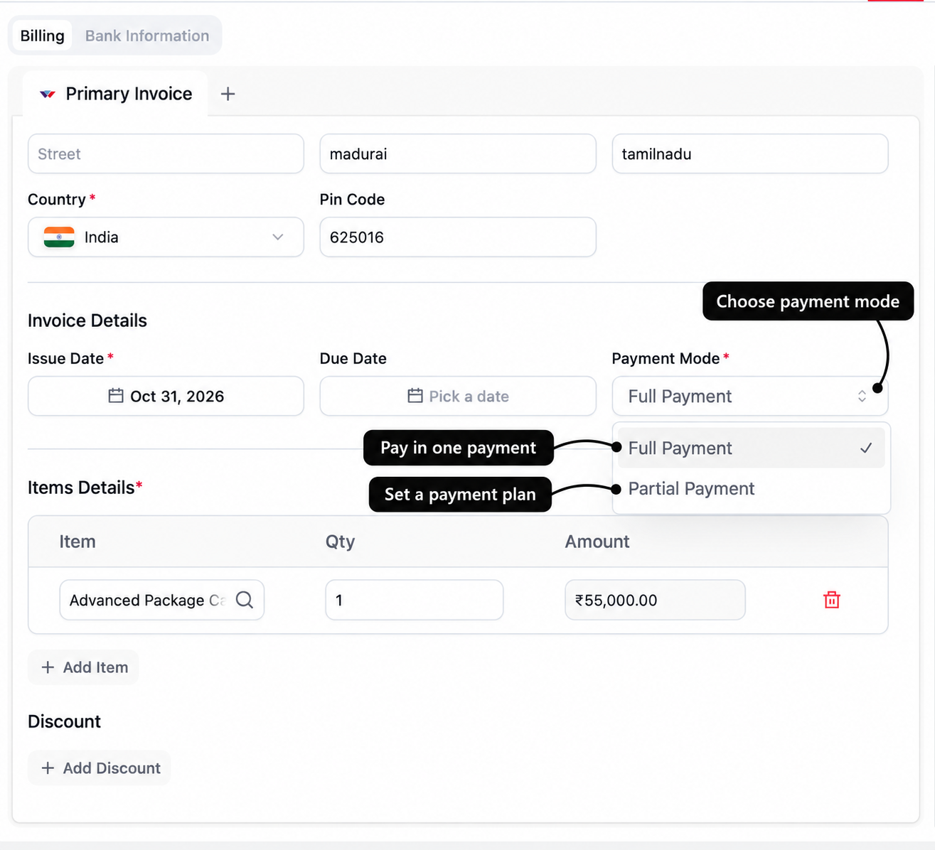 Payment Mode selector with labels for full payment and a partial payment plan