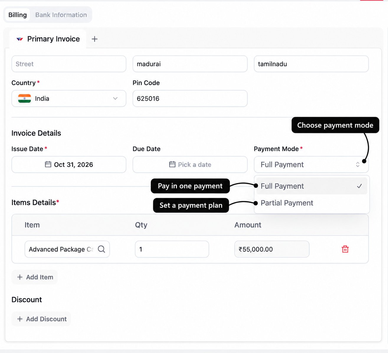 Payment Mode selector with labels for full payment and a partial payment plan