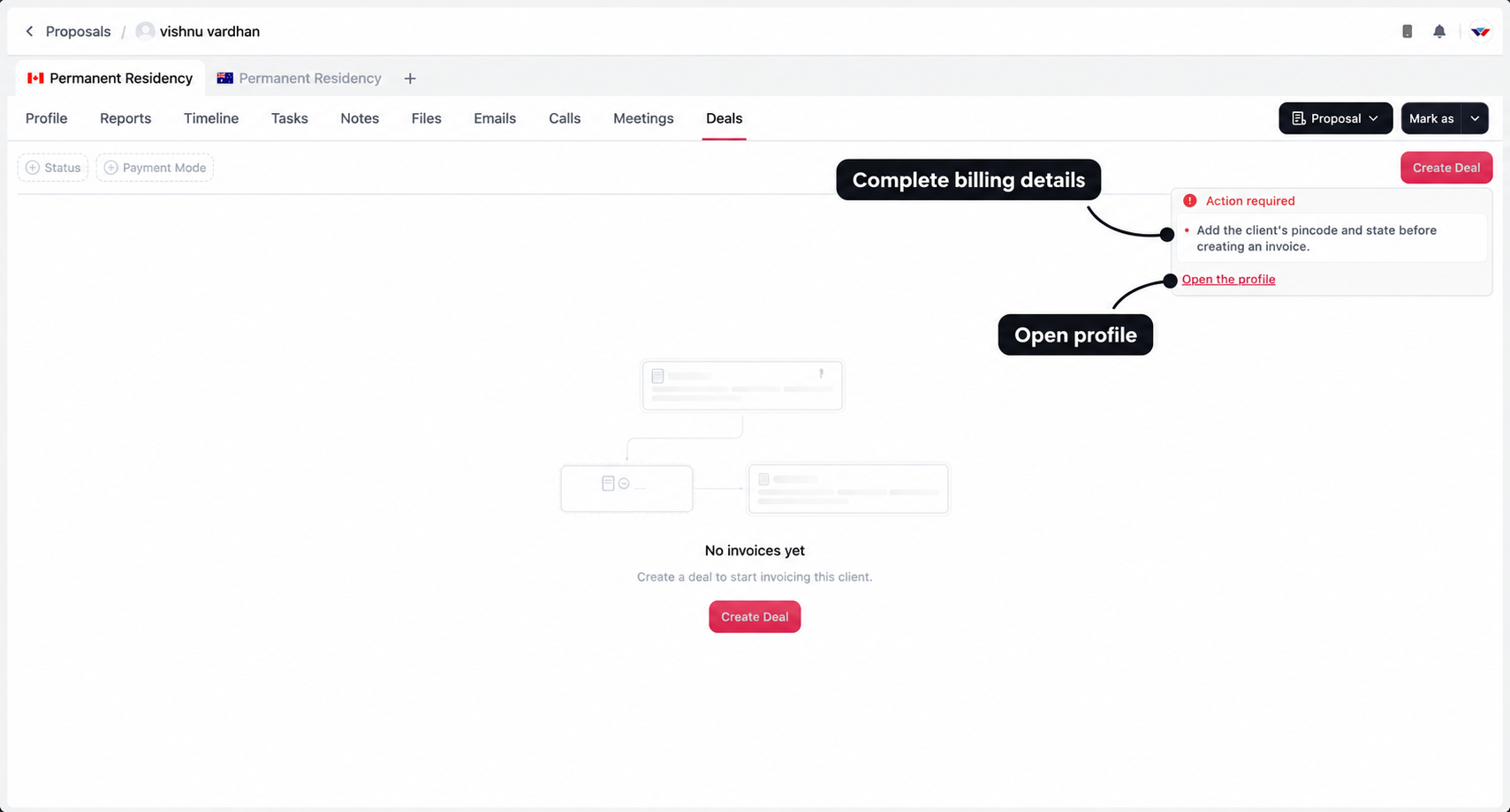 Invoice creation warning with labels for the missing billing details and Open profile action