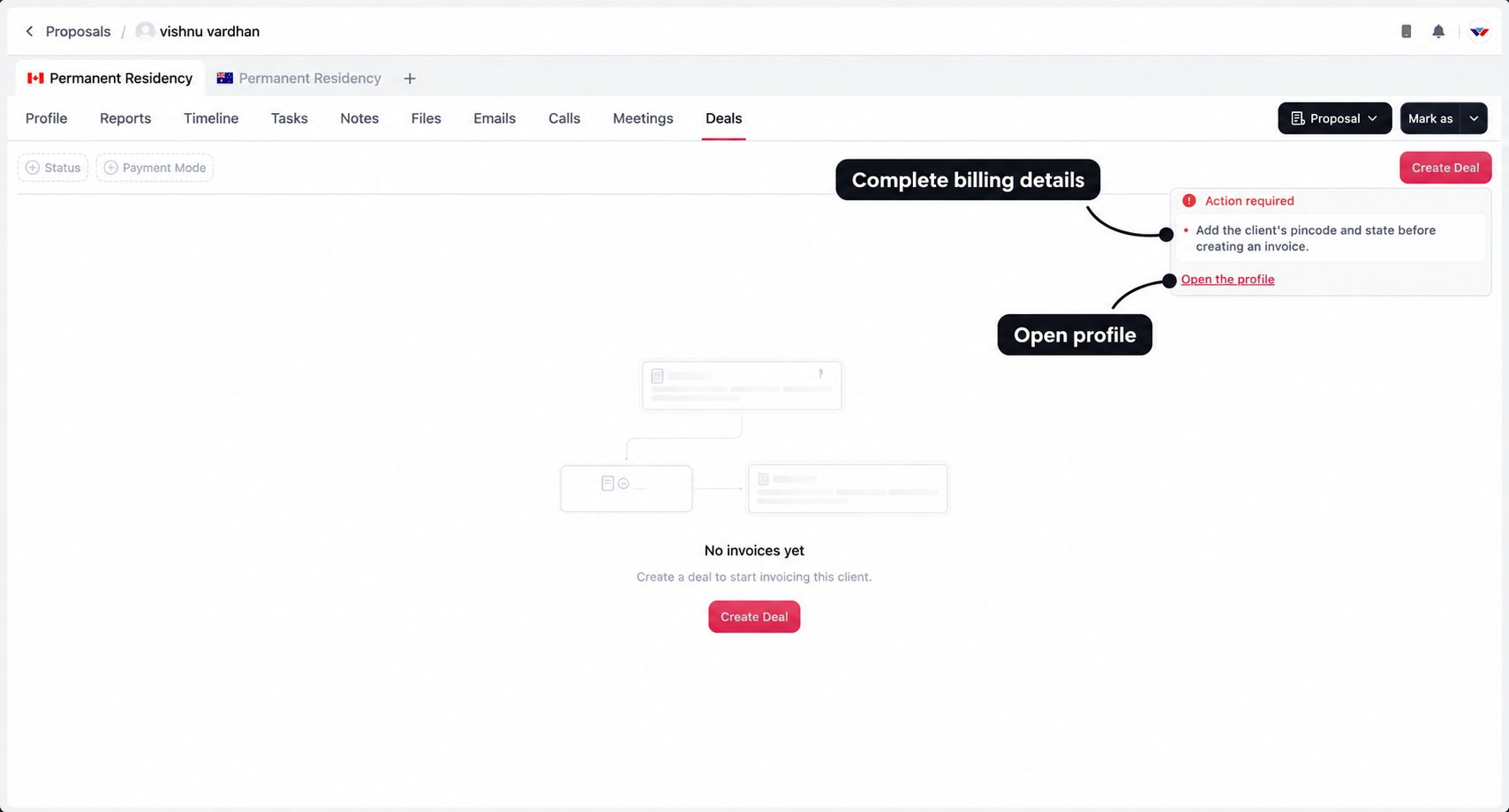 Invoice creation warning with labels for the missing billing details and Open profile action