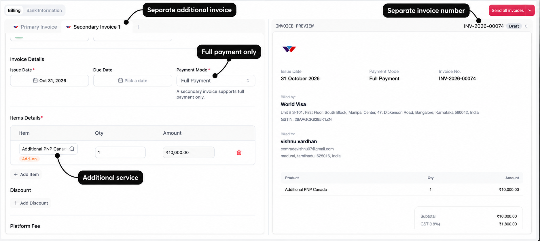 Secondary invoice with labels for its separate tab, full-payment restriction, additional service, and invoice number