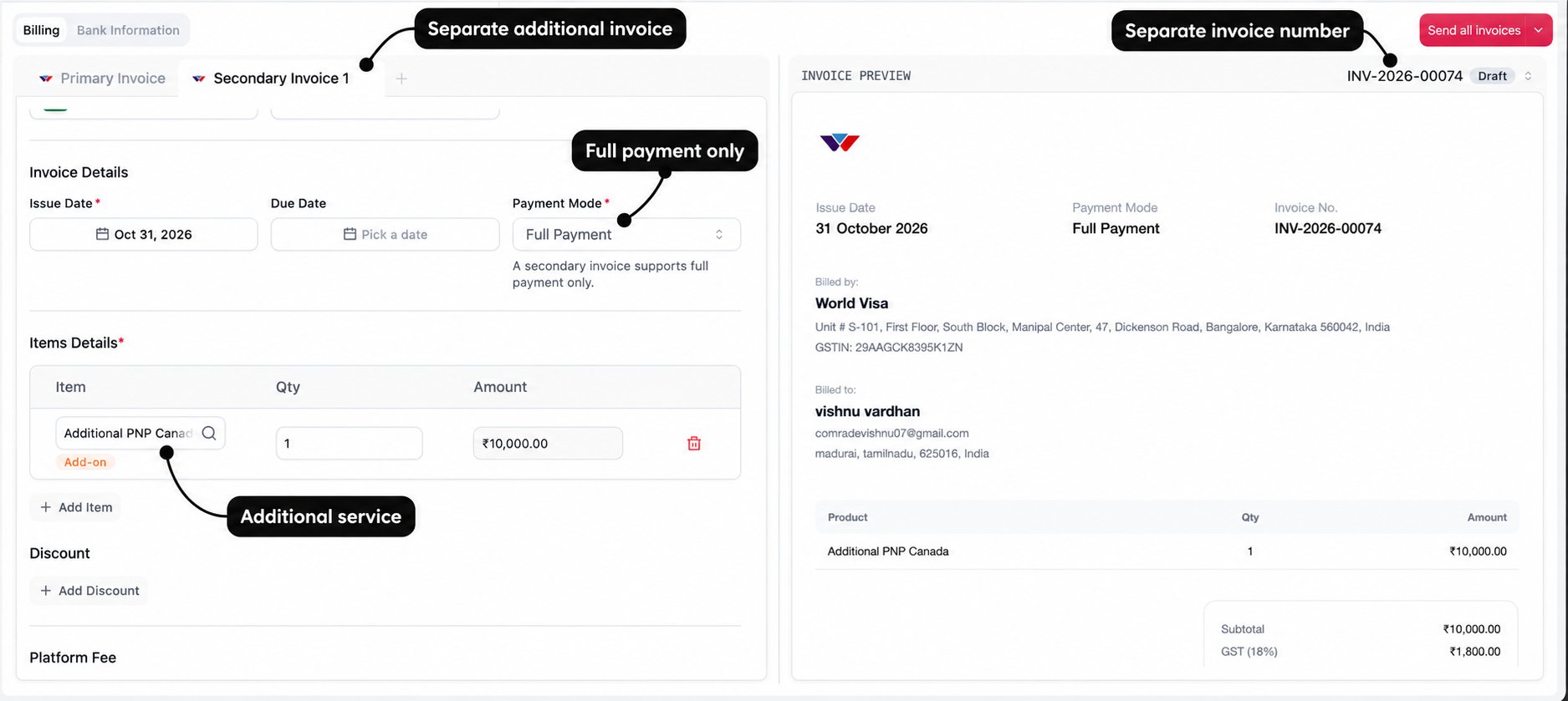 Secondary invoice with labels for its separate tab, full-payment restriction, additional service, and invoice number