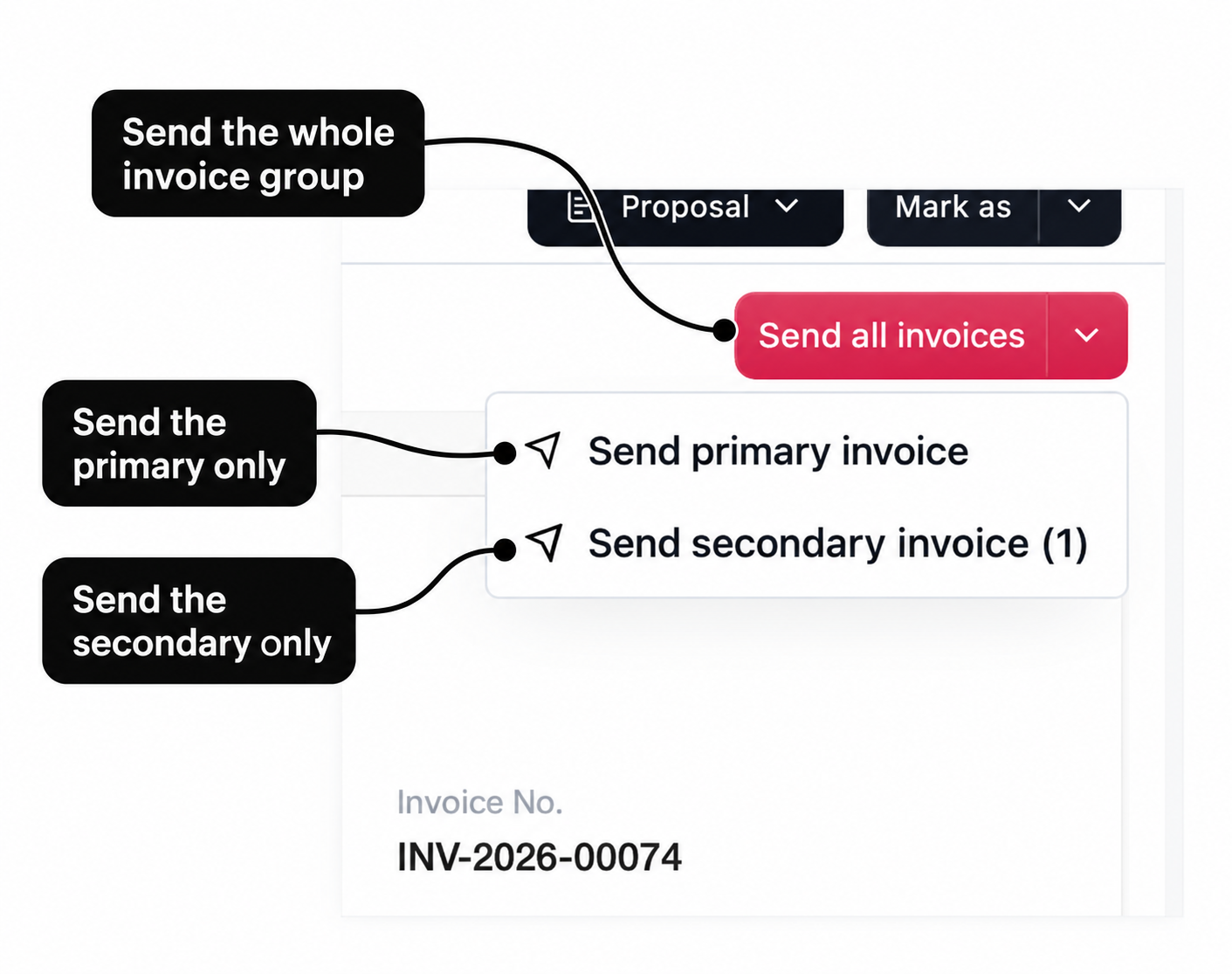 Invoice send menu with labels for sending the group, primary invoice, or secondary invoice