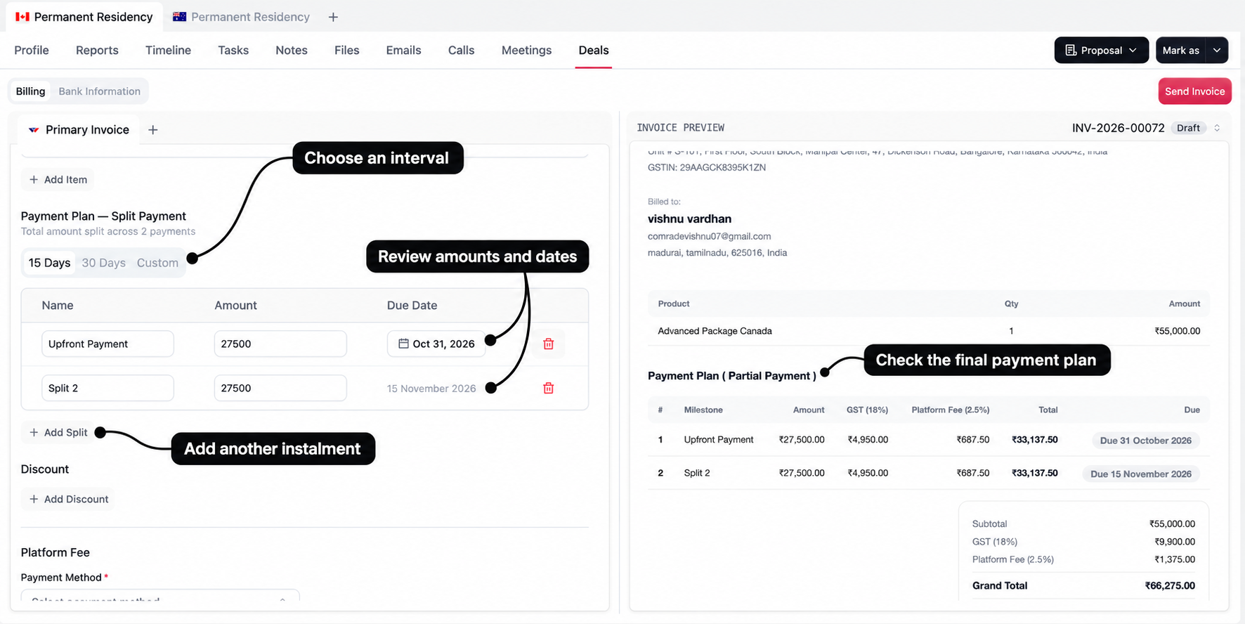 Split payment schedule with labels for the interval, instalment amounts and dates, Add Split, and preview