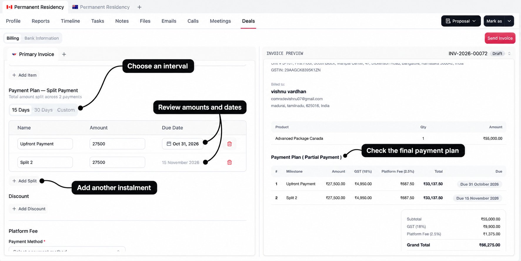 Split payment schedule with labels for the interval, instalment amounts and dates, Add Split, and preview