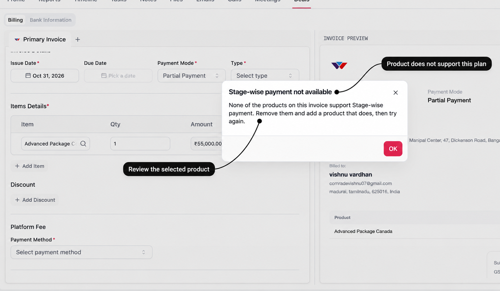 Stage-wise payment warning with labels explaining the unsupported product plan