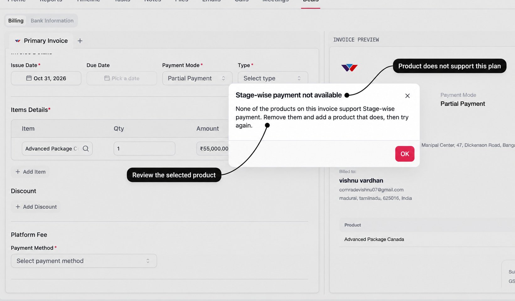 Stage-wise payment warning with labels explaining the unsupported product plan