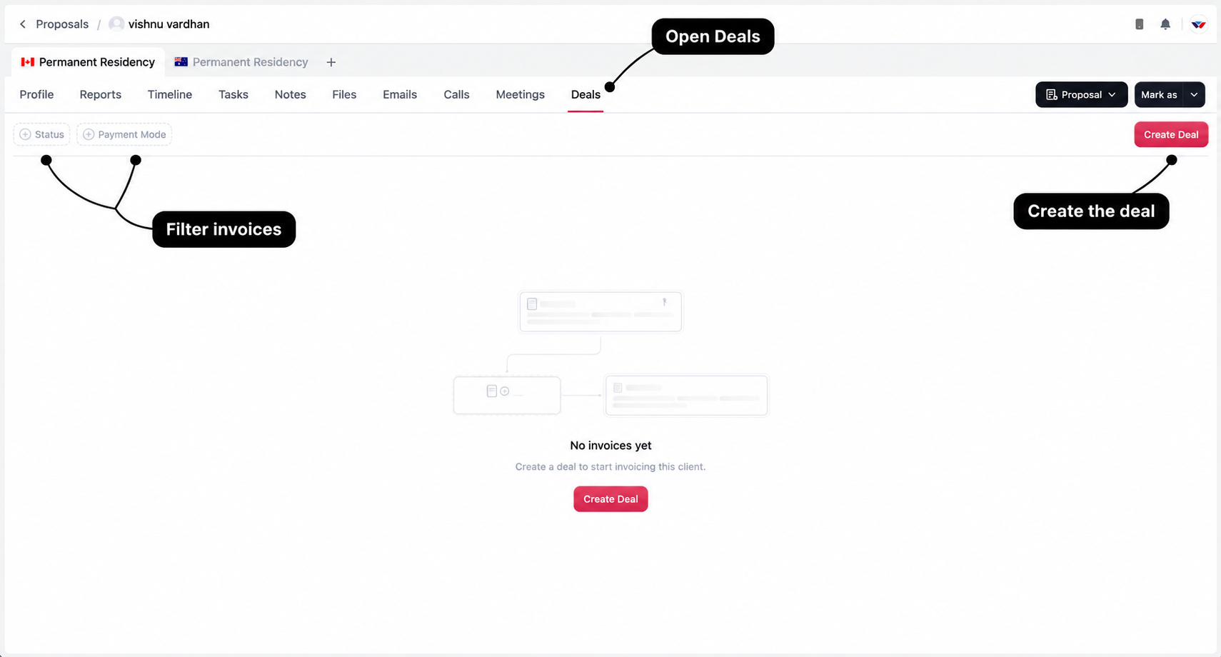 Deals workspace with labels for the Deals tab, Create Deal action, and invoice filters