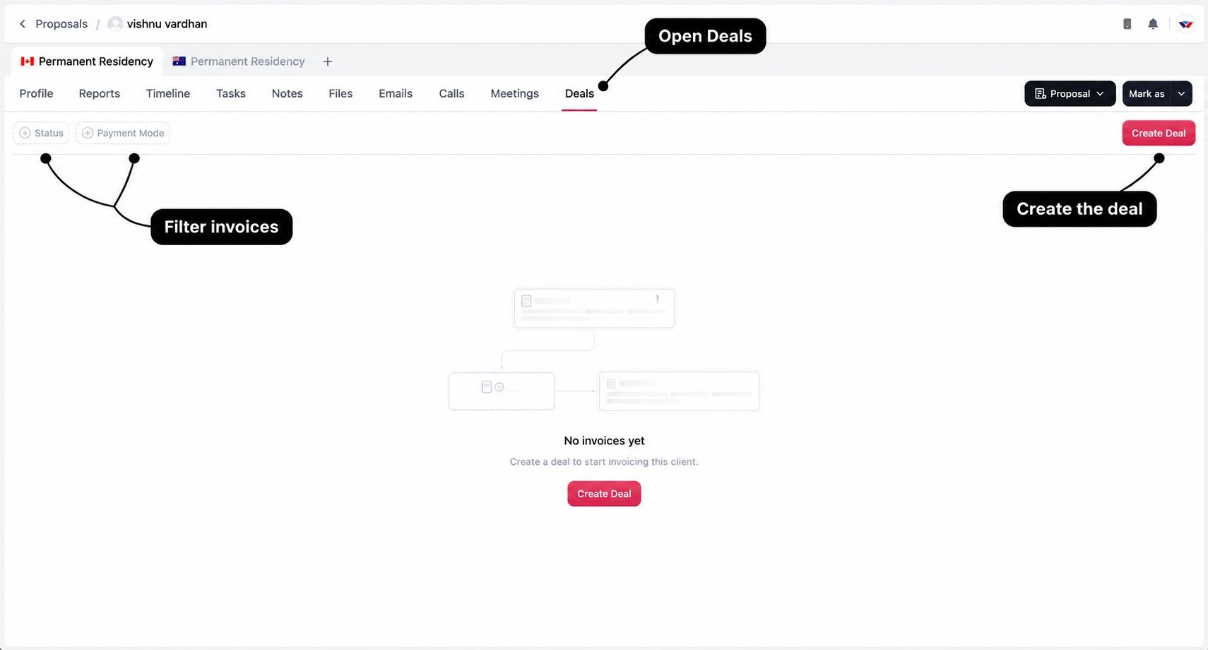 Deals workspace with labels for the Deals tab, Create Deal action, and invoice filters