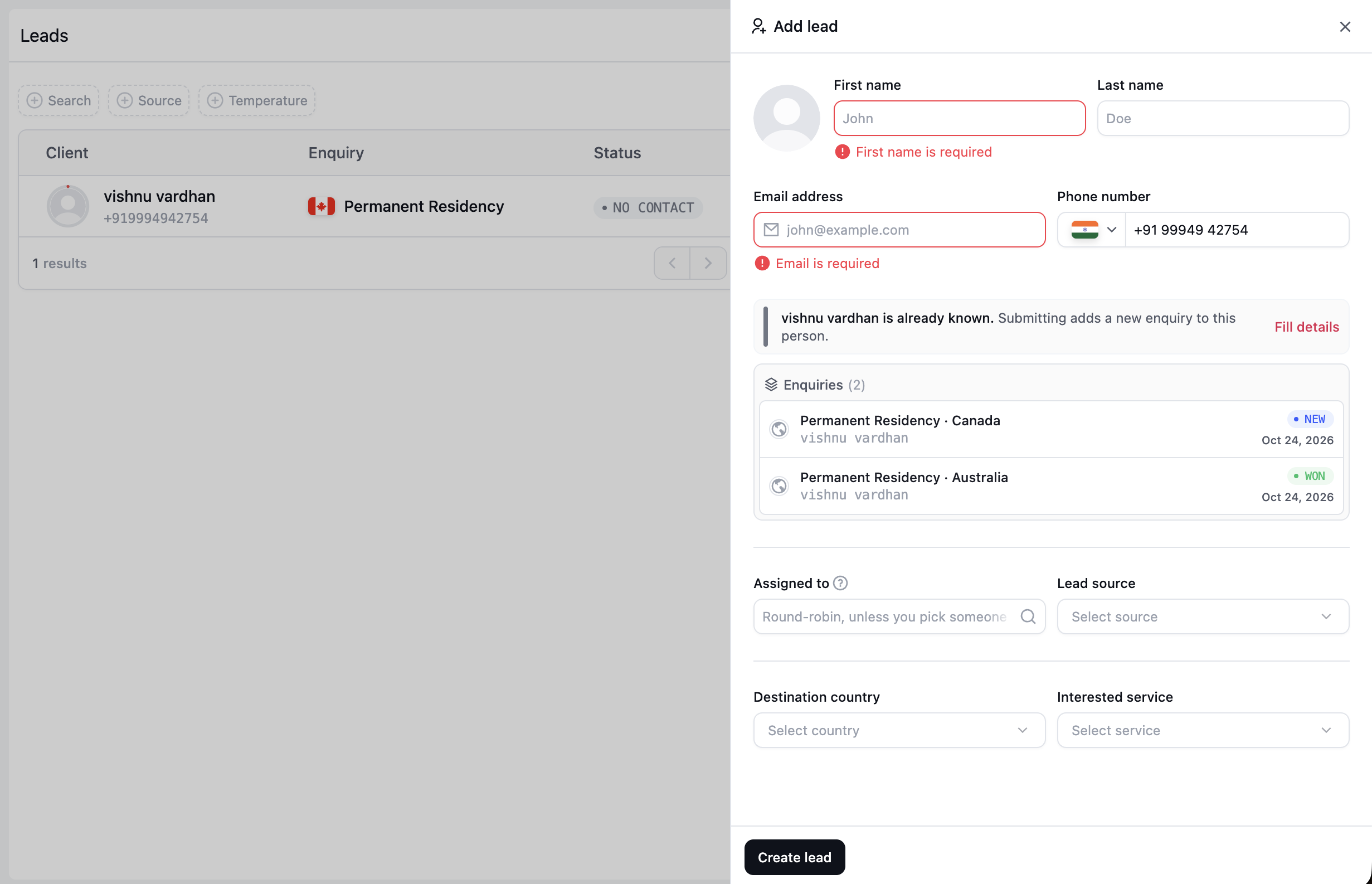 Existing client notice with a Fill details action and two permanent residency enquiries for Canada and Australia, alongside missing first name and email messages