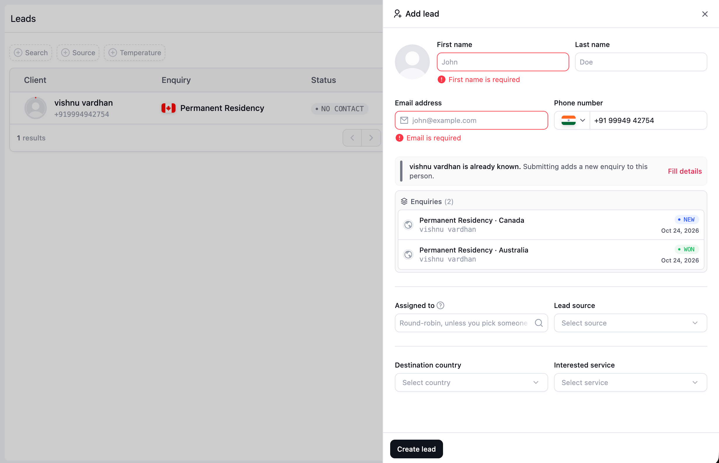 Existing client notice with a Fill details action and two permanent residency enquiries for Canada and Australia, alongside missing first name and email messages
