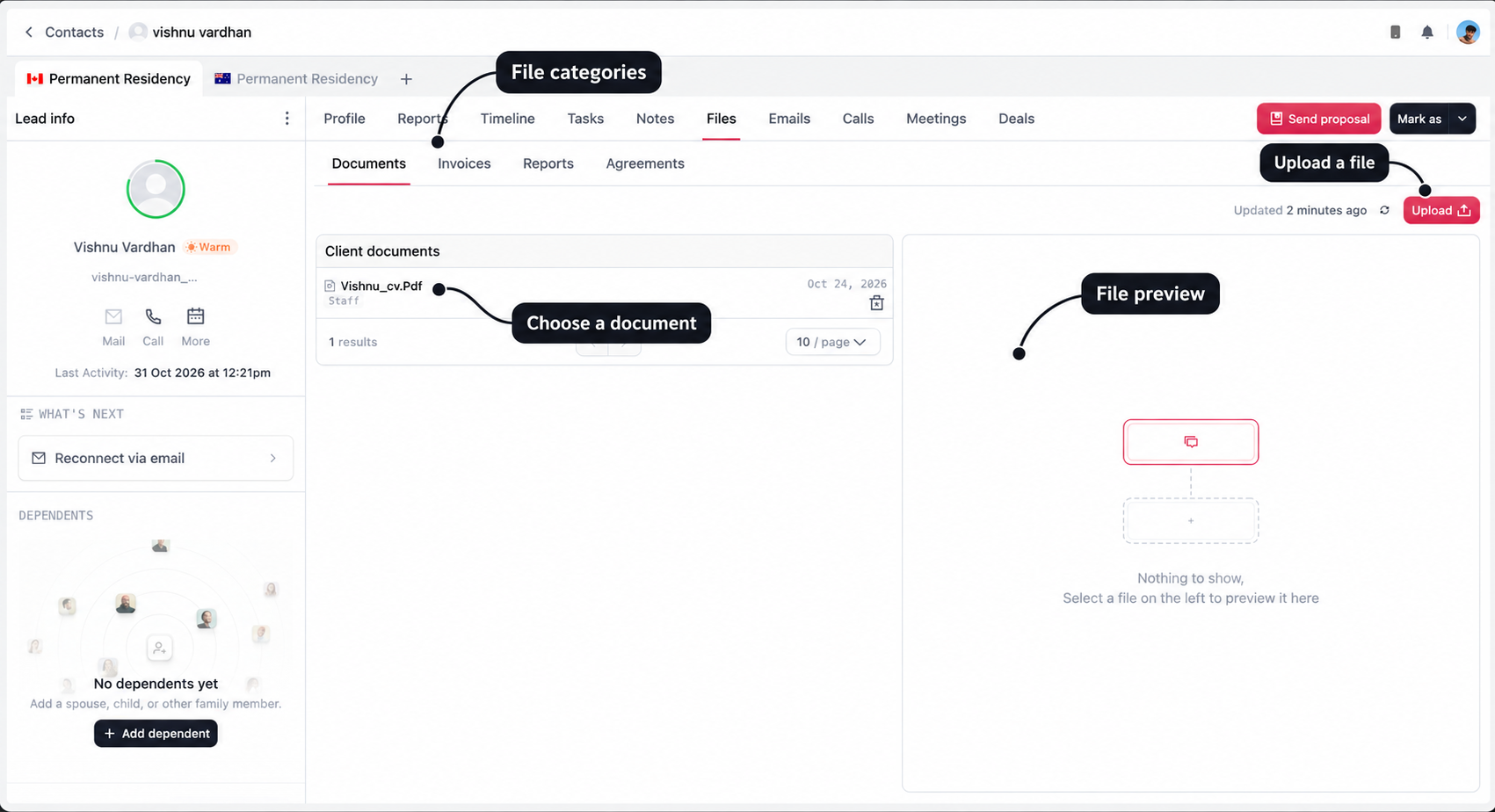 Files workspace with labelled category tabs, document list, preview panel, and Upload button