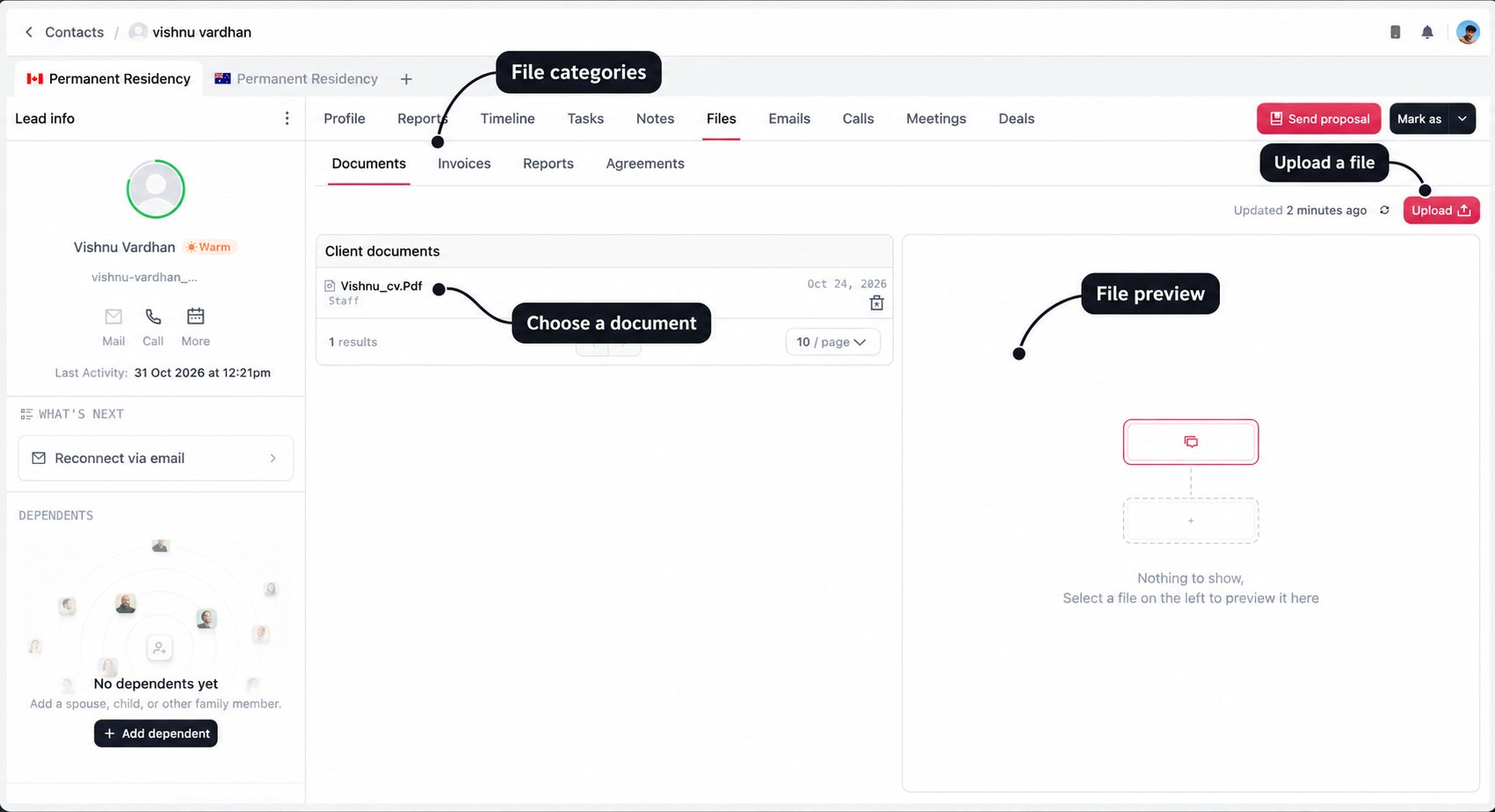 Files workspace with labelled category tabs, document list, preview panel, and Upload button
