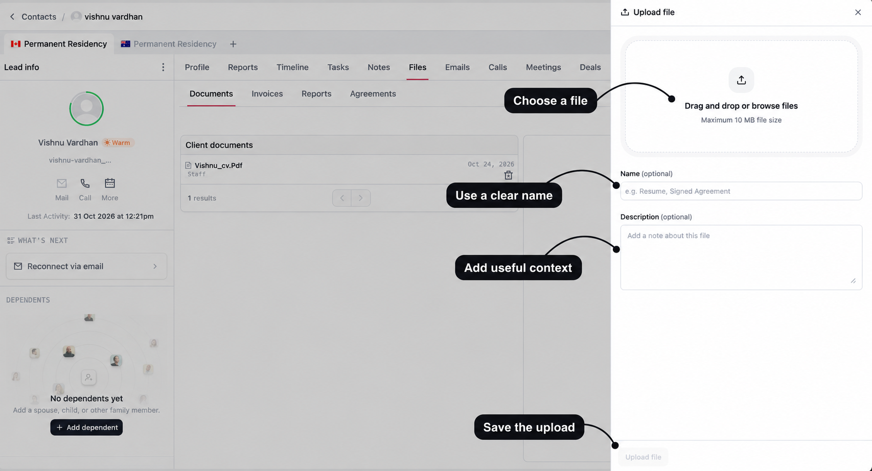 Upload file drawer with labels for file selection, a clear name, supporting description, and the Upload file button