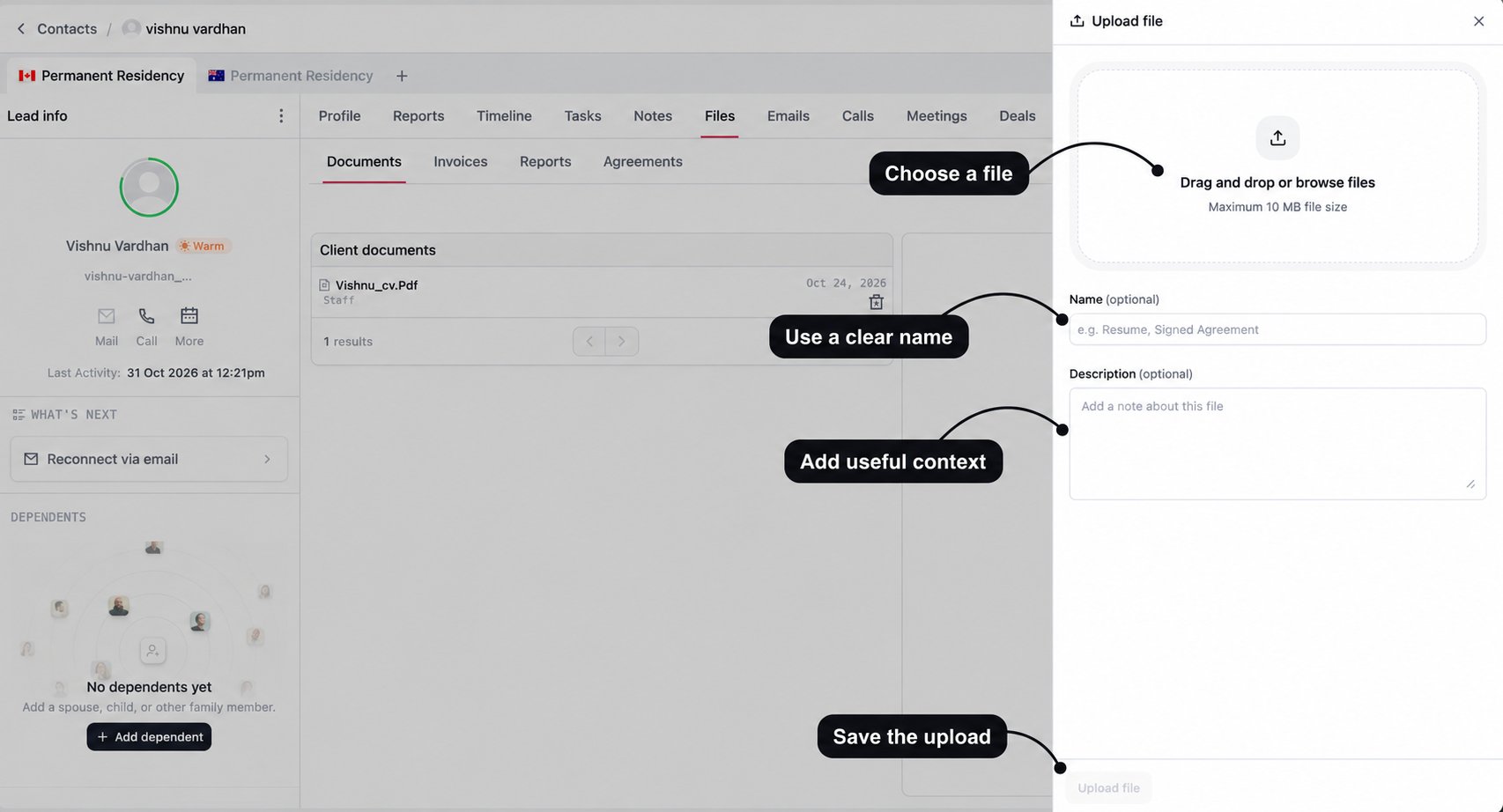 Upload file drawer with labels for file selection, a clear name, supporting description, and the Upload file button