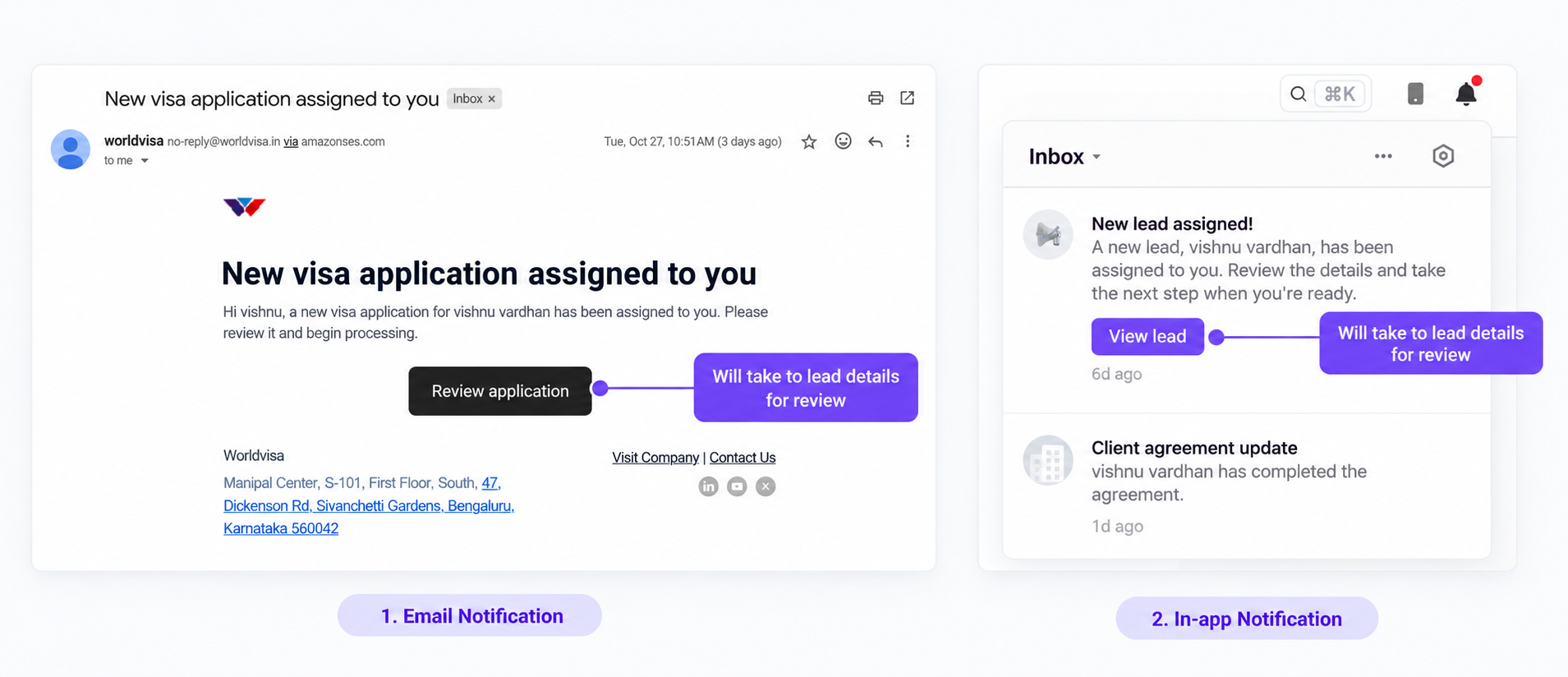 Assignment email with a Review application button beside an in-app notification with a View lead button