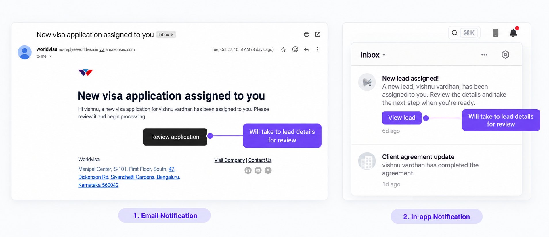 Assignment email with a Review application button beside an in-app notification with a View lead button