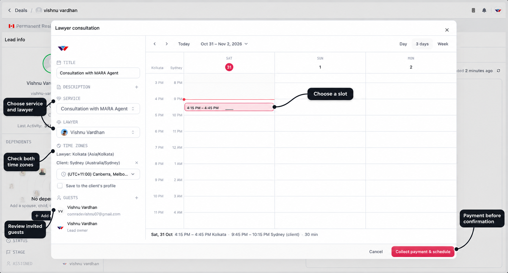 Lawyer consultation calendar with labels for service and lawyer selection, both time zones, the selected slot, invited guests, and payment confirmation action