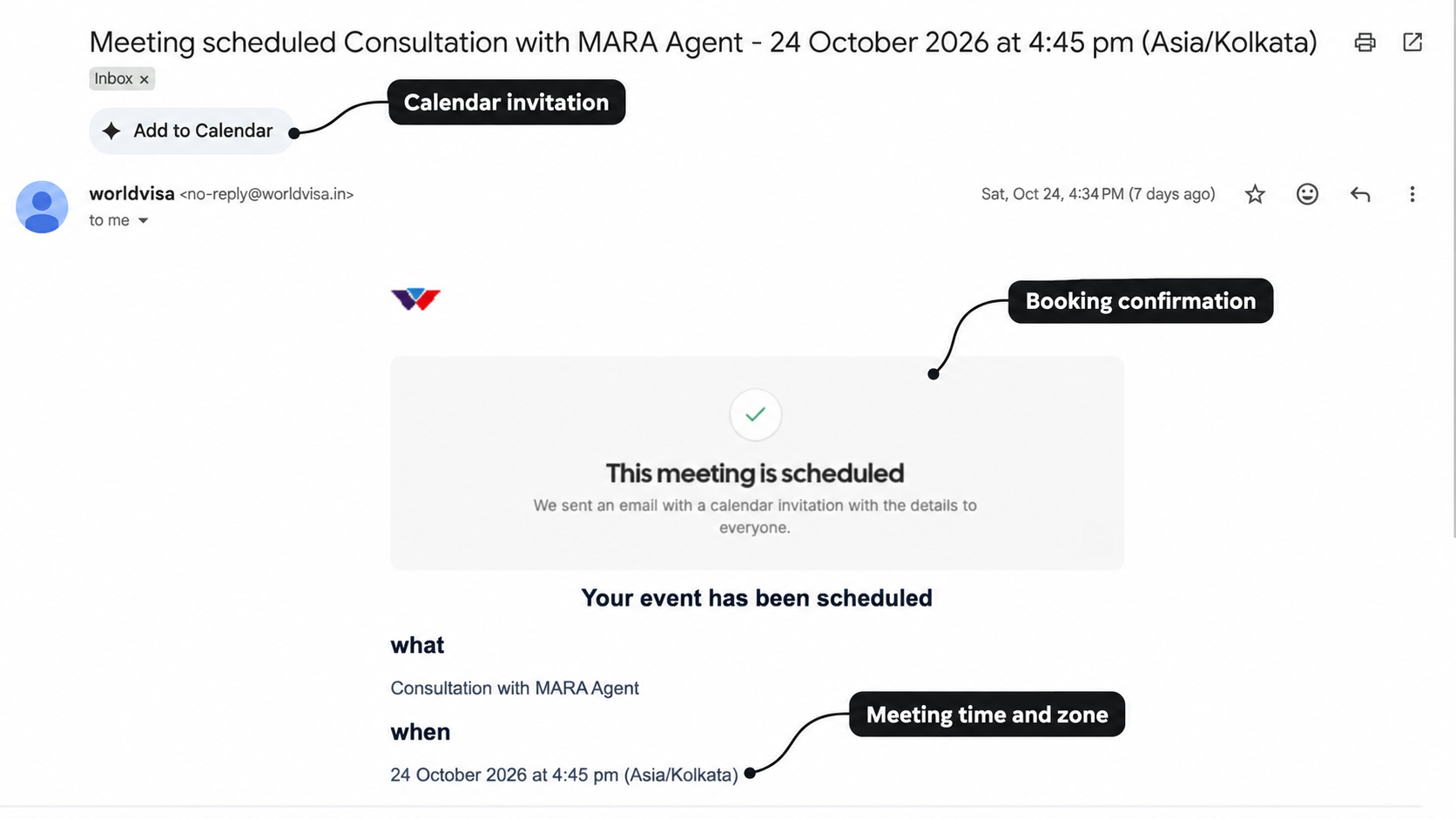 Meeting confirmation email with labels for the calendar invitation, booking confirmation, and meeting time and time zone