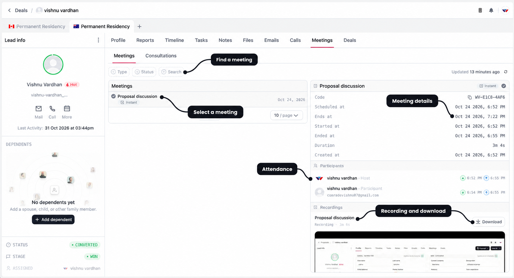 Meeting history with labels for filters, meeting selection, timing details, participant attendance, and recording playback and download