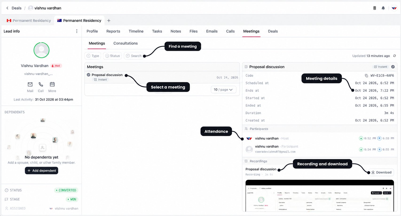 Meeting history with labels for filters, meeting selection, timing details, participant attendance, and recording playback and download