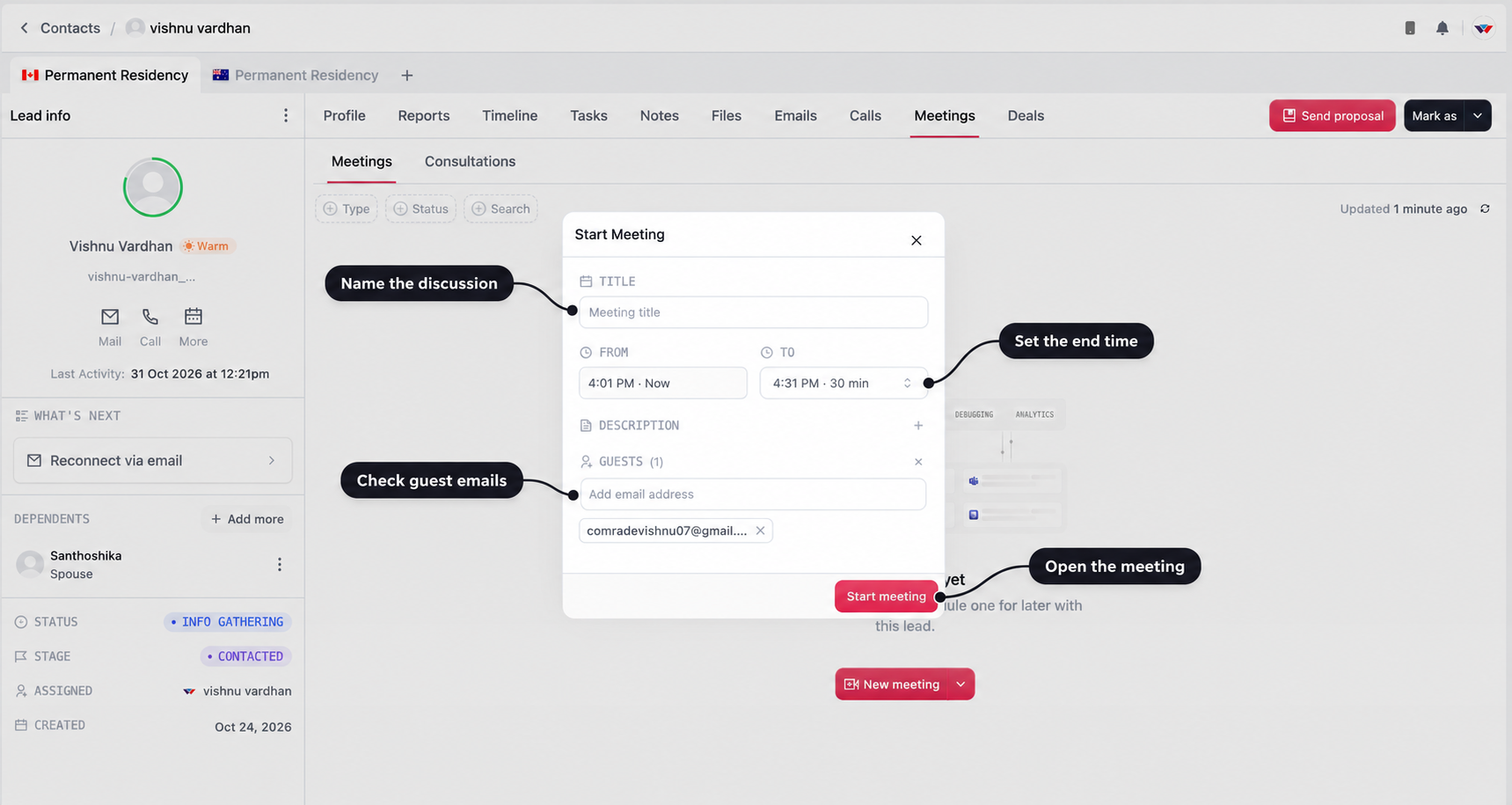 Start Meeting window with labels for the title, end time, guest emails, and Start meeting button