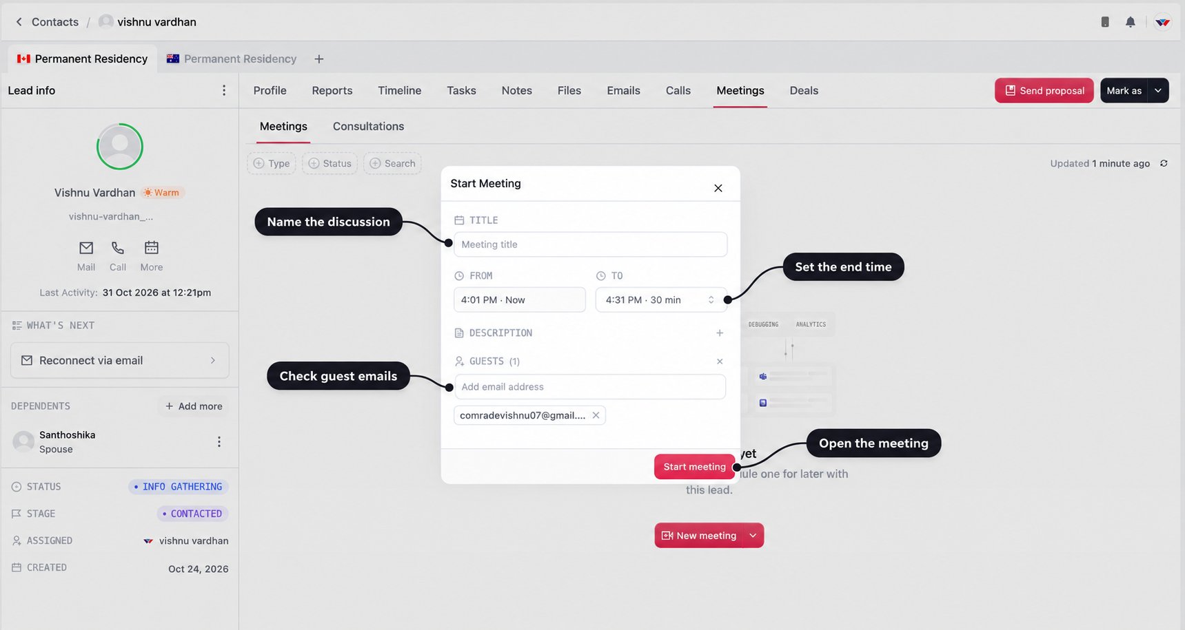 Start Meeting window with labels for the title, end time, guest emails, and Start meeting button