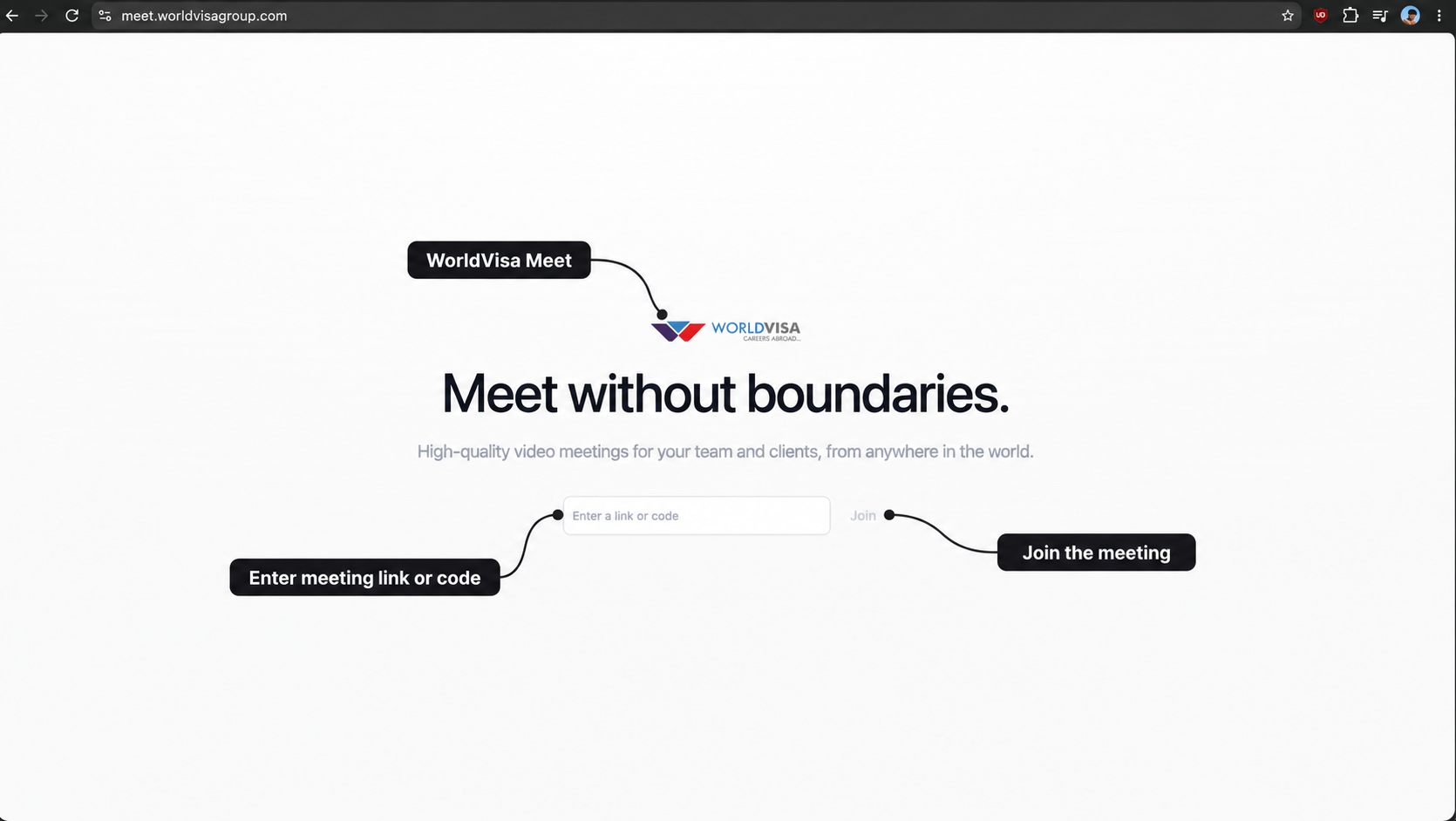WorldVisa Meet homepage with labels for the app, meeting link or code input, and Join button