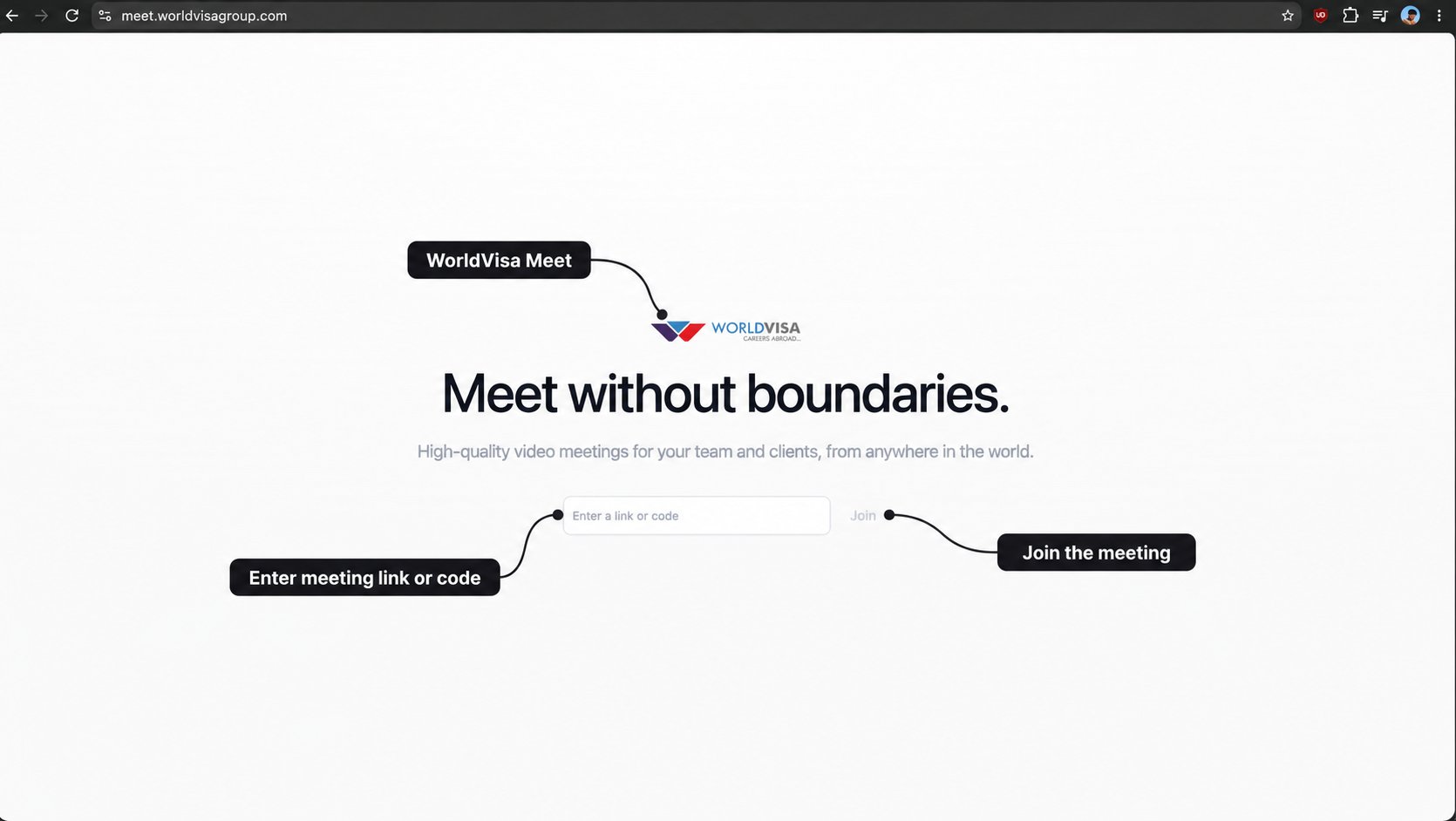 WorldVisa Meet homepage with labels for the app, meeting link or code input, and Join button